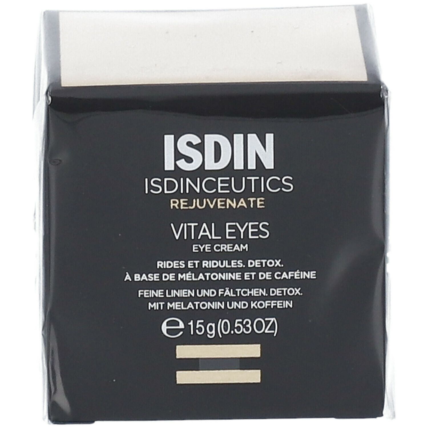 Doos ISDIN Isdinceutics Vital Eyes, oogcrème. Tekst: 15g (0.53oz). Zwarte verpakking.