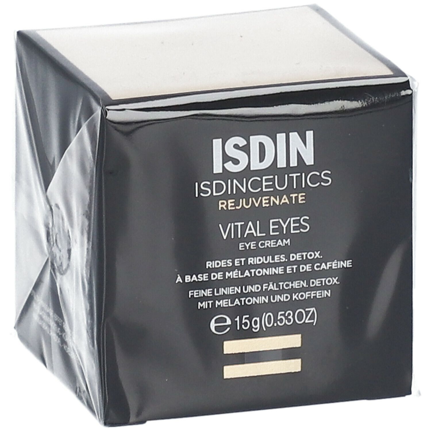 Doos ISDIN Isdinceutics Vital Eyes, oogcrème. Tekst: 15g (0.53oz). Zwarte verpakking.