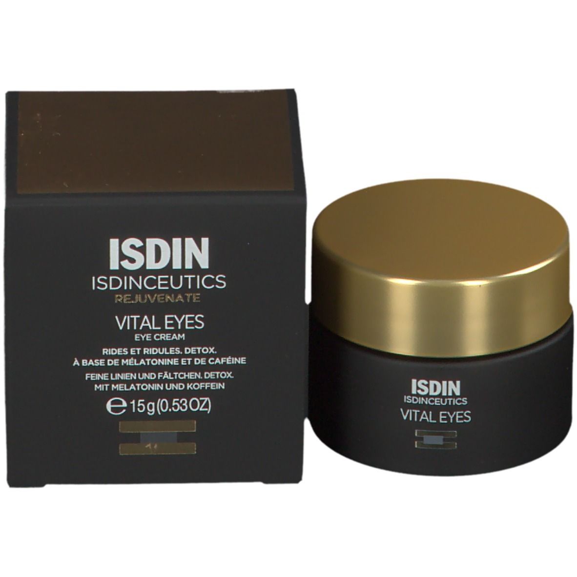 ISDIN Isdinceutics Vital Eyes, oogcrème en doos. Zwarte verpakking, gouden deksel.
