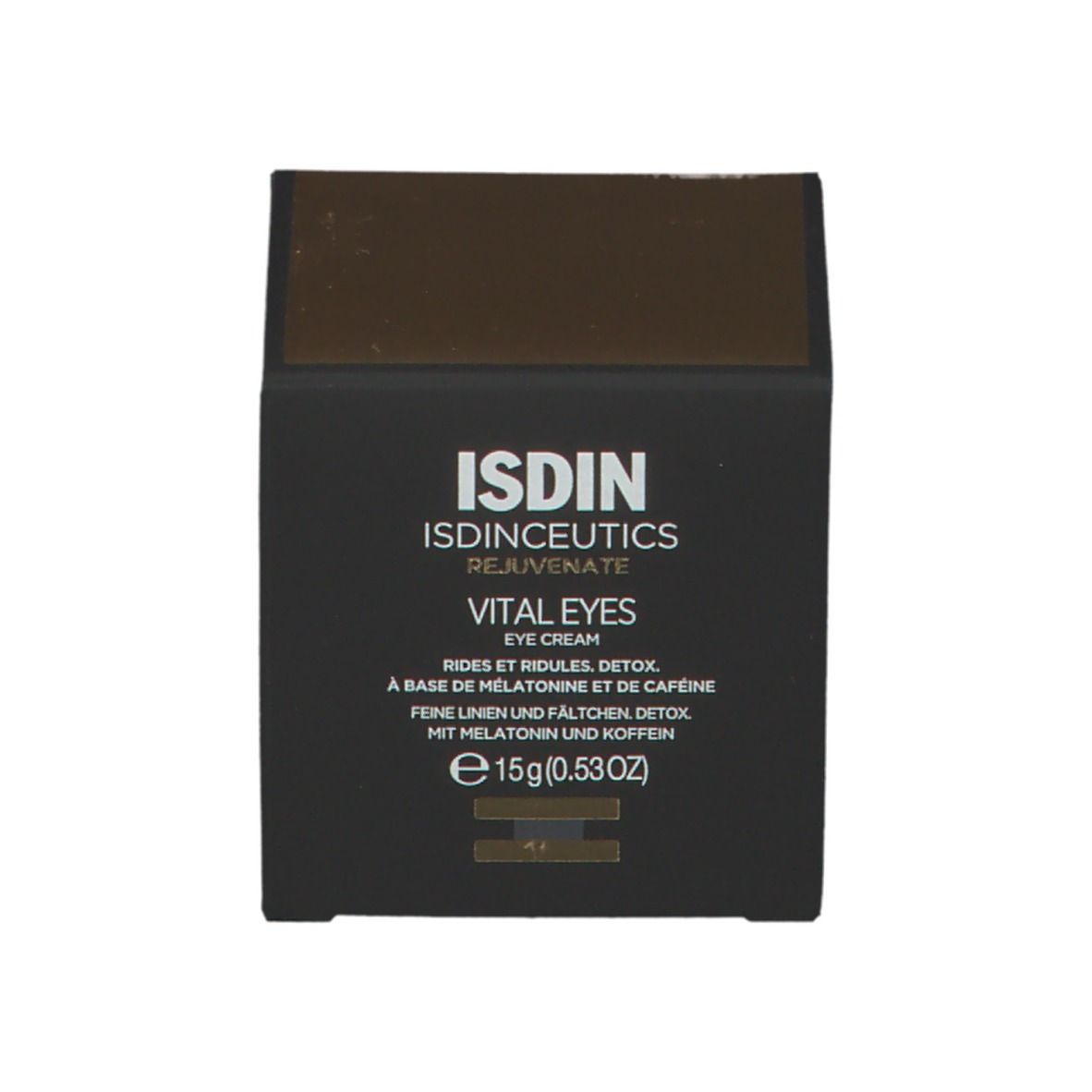 Doos ISDIN Isdinceutics Vital Eyes. Zwarte verpakking, tekst: 15g (0.53oz).