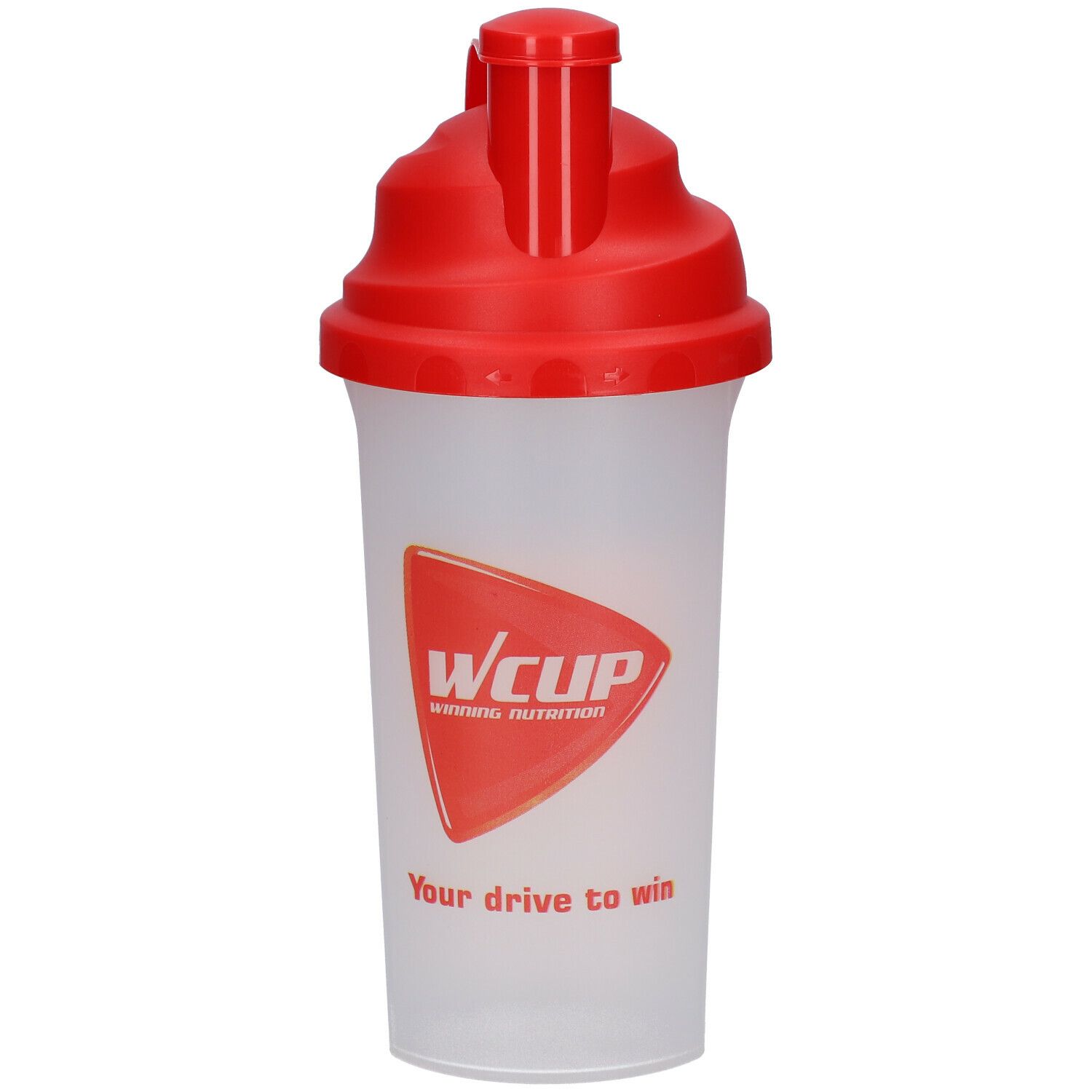 Shaker transparent avec couvercle rouge. Logo rouge 'WCUP' et slogan 'Your drive to win'.