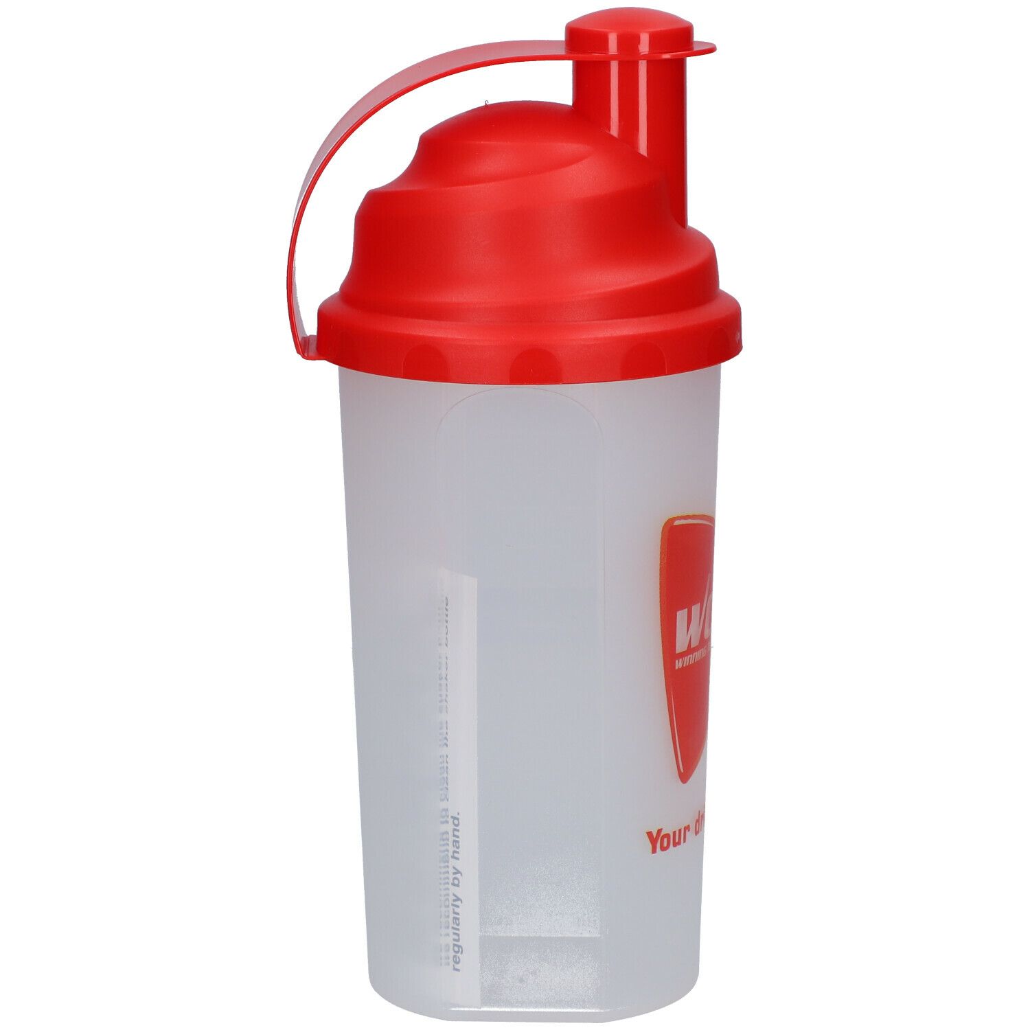 Shaker transparent avec couvercle rouge et anse. Logo rouge 'WCUP' et échelle de mesure latérale.