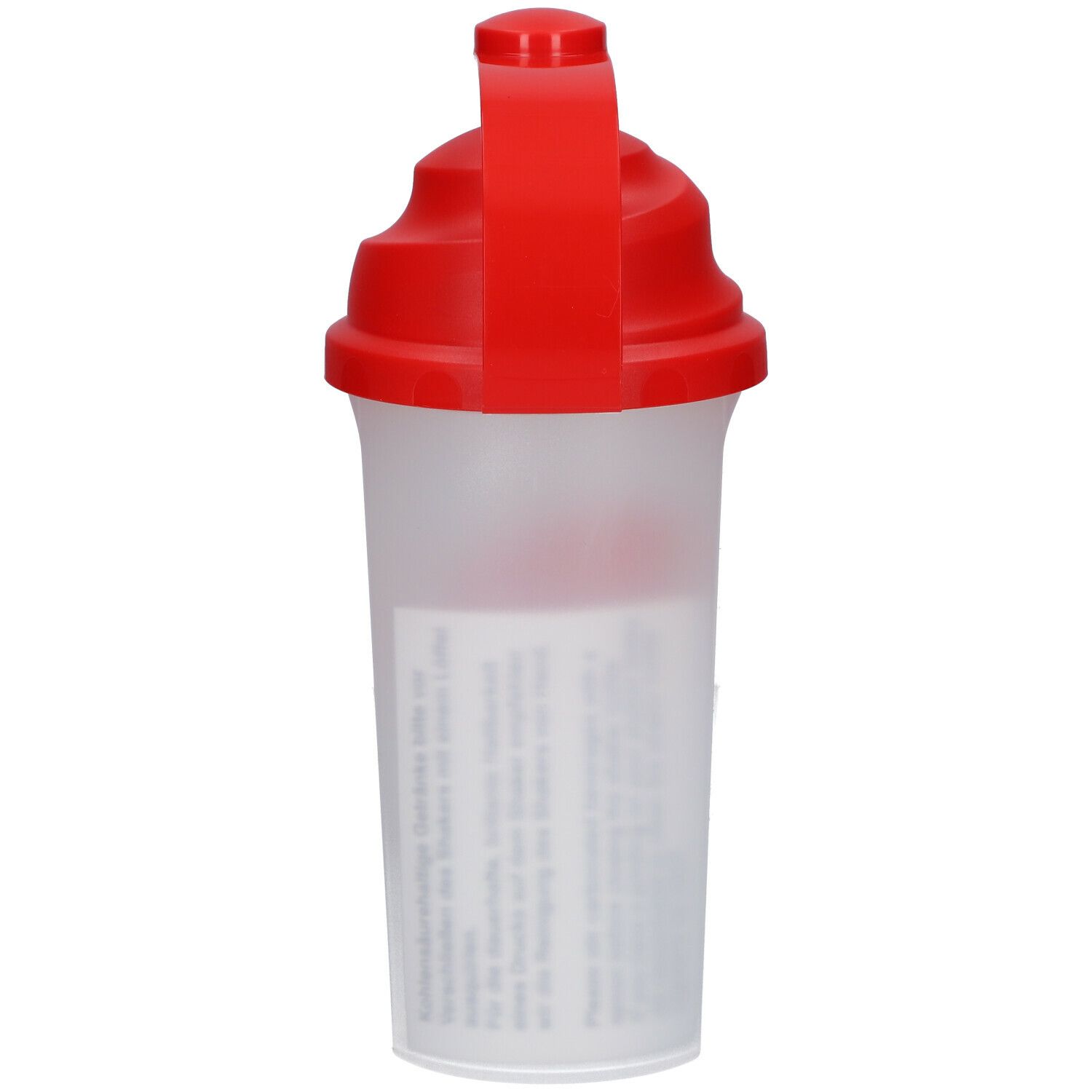 Shaker transparent avec couvercle rouge et anse. Étiquette avec texte au dos.