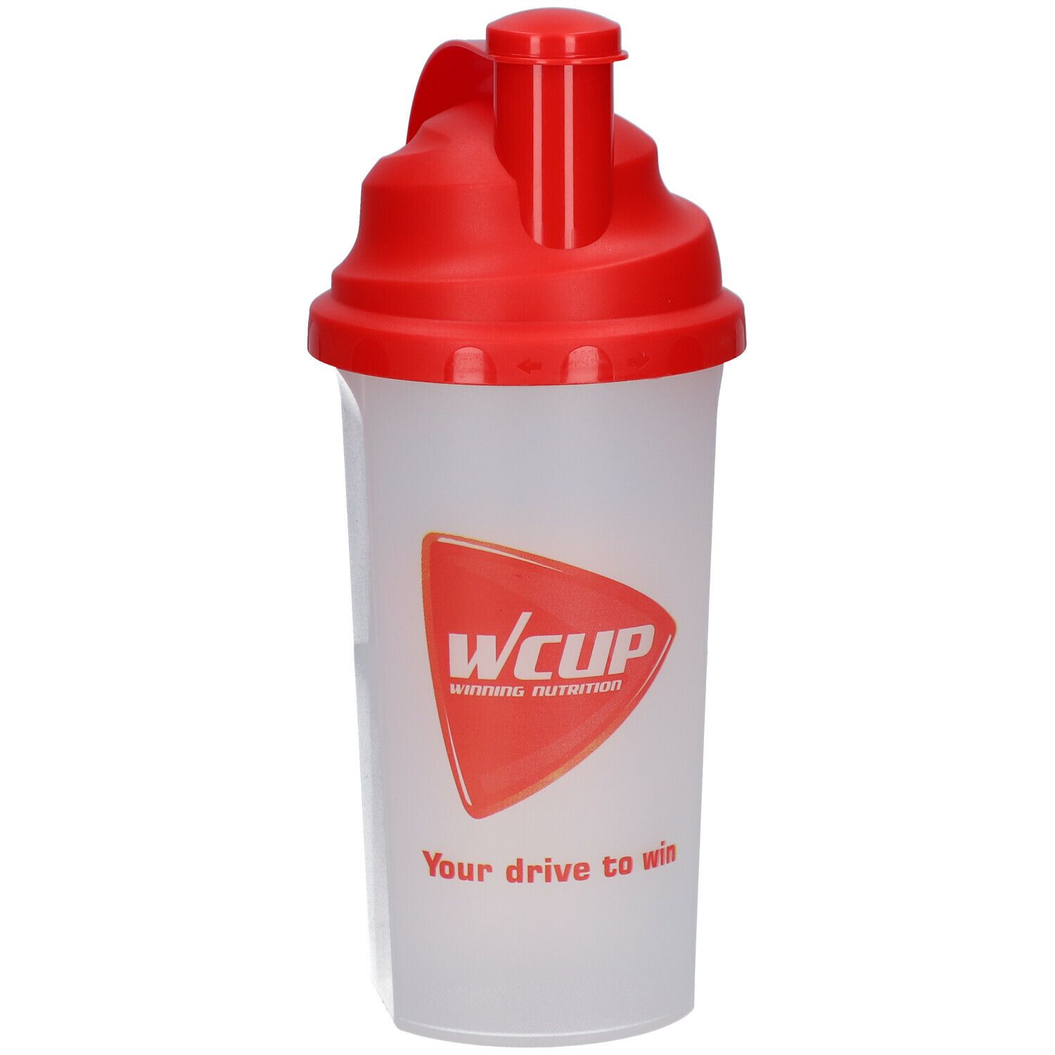 Shaker transparent avec couvercle rouge. Logo rouge 'WCUP' et slogan 'Your drive to win'.