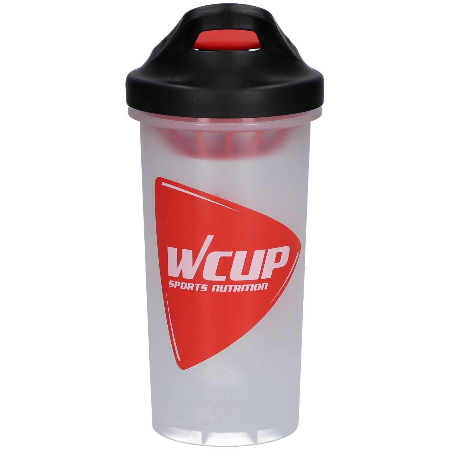 Shaker transparent avec couvercle noir. Logo rouge 'WCUP SPORTS NUTRITION'.