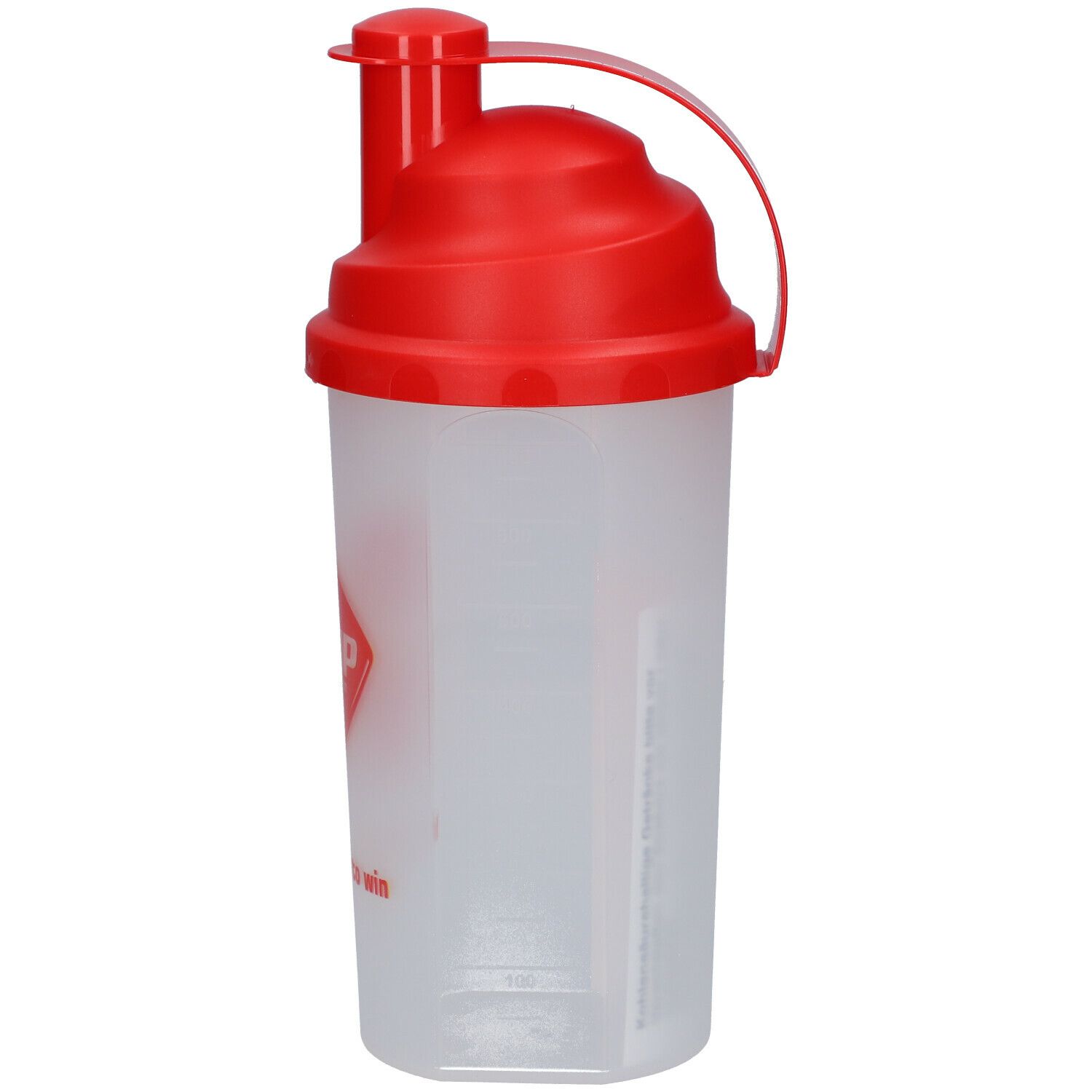 Shaker transparent avec couvercle rouge et anse. Logo rouge 'WCUP' et échelle de mesure.
