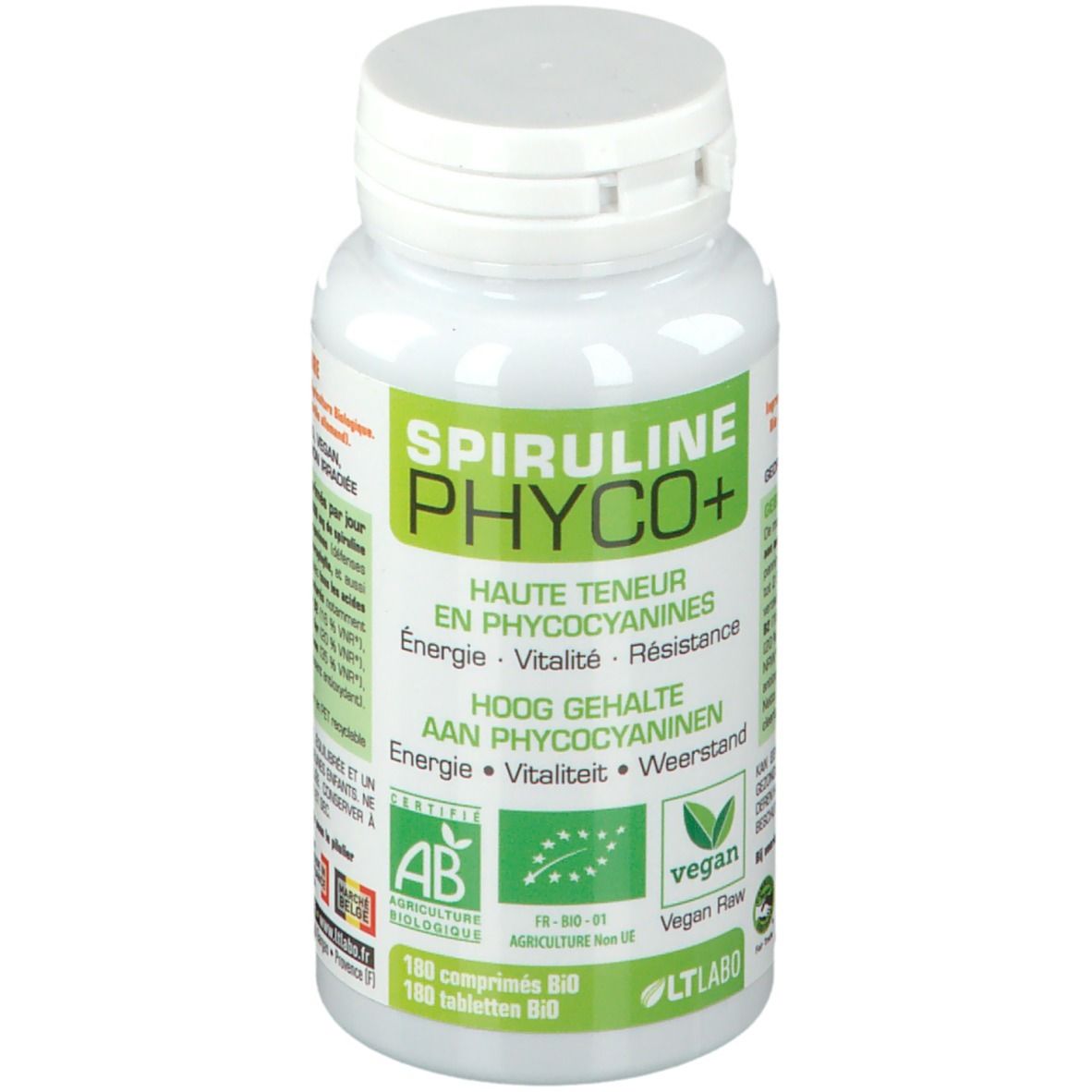 Weiße Flasche mit grünem Etikett. Aufschrift: Spiruline Phyco+. Zertifizierungen: AB, EU-Bio, Vegan. 100 Tabletten.