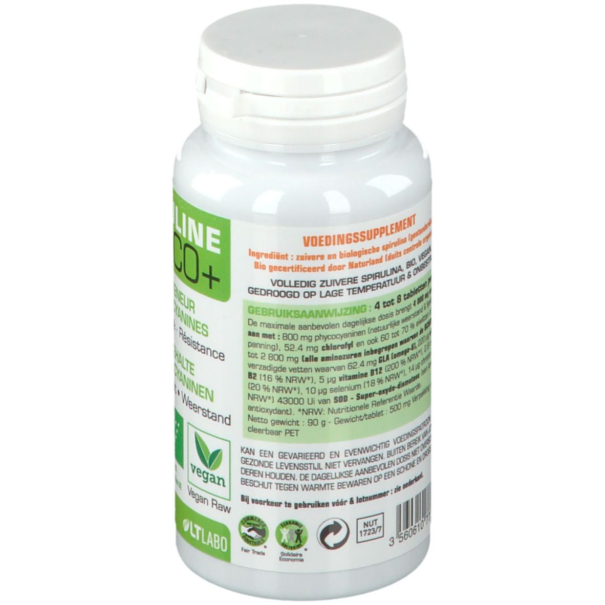 Rückseite der weißen Flasche. Text: Nahrungsergänzungsmittel. Zutatenliste, Gebrauchsanweisung. Vegan-Logo. Gewicht: 90g.