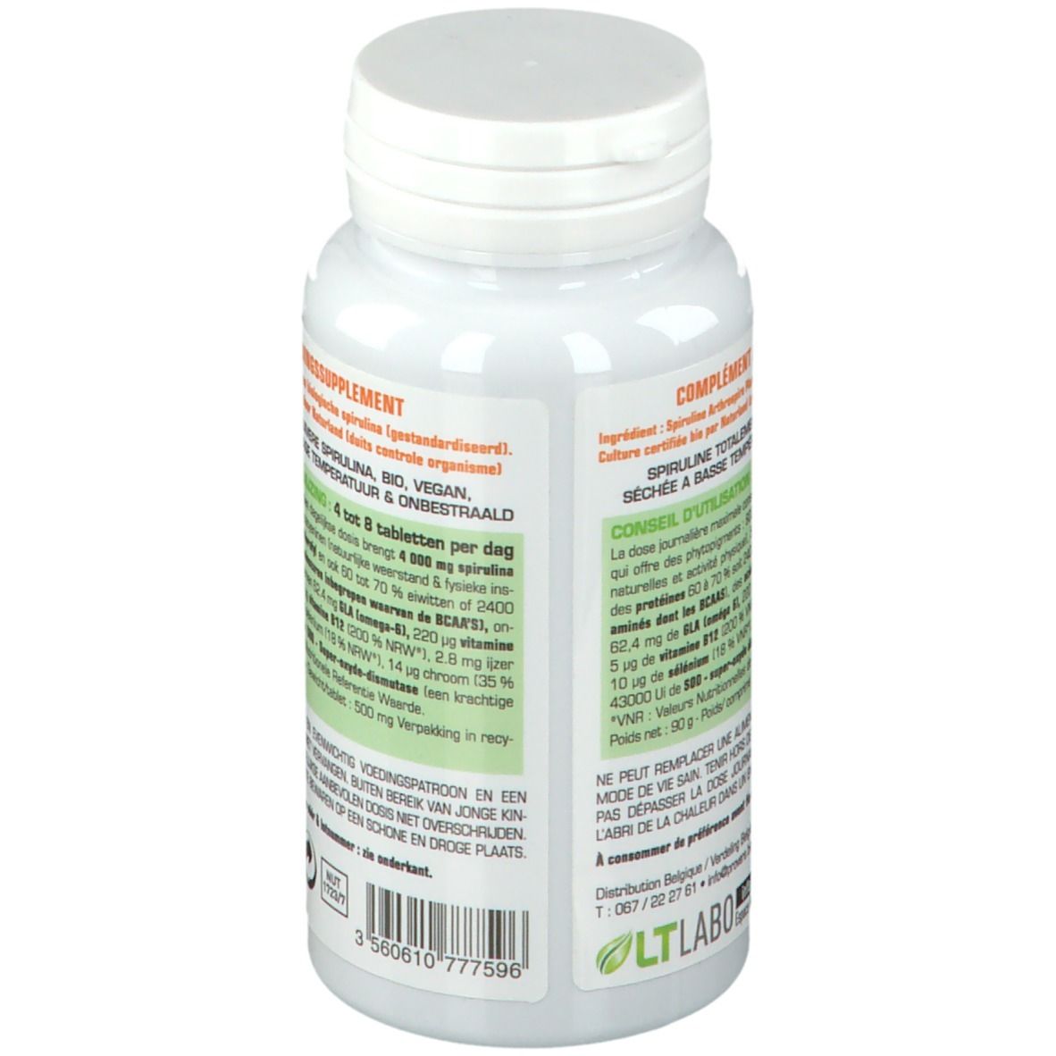 Rückseite der weißen Flasche. Text: Nahrungsergänzungsmittel. Gebrauchsanweisung. Vegan-Logo. Herstellerinformationen.