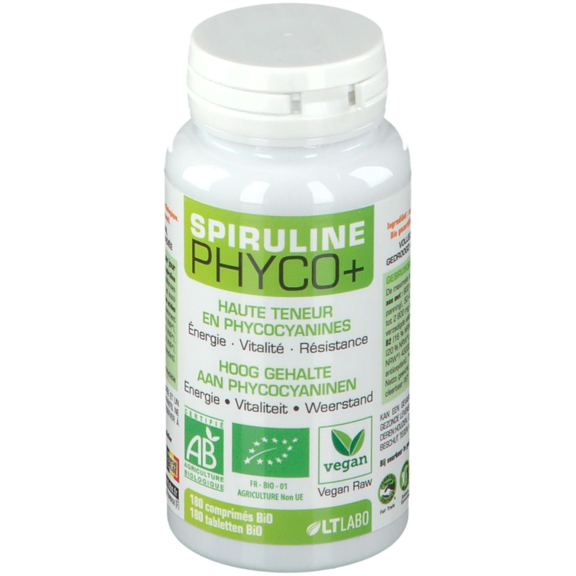 Weiße Flasche mit grünem Etikett. Aufschrift: Spiruline Phyco+. Zertifizierungen: AB, EU-Bio, Vegan. 100 Tabletten.