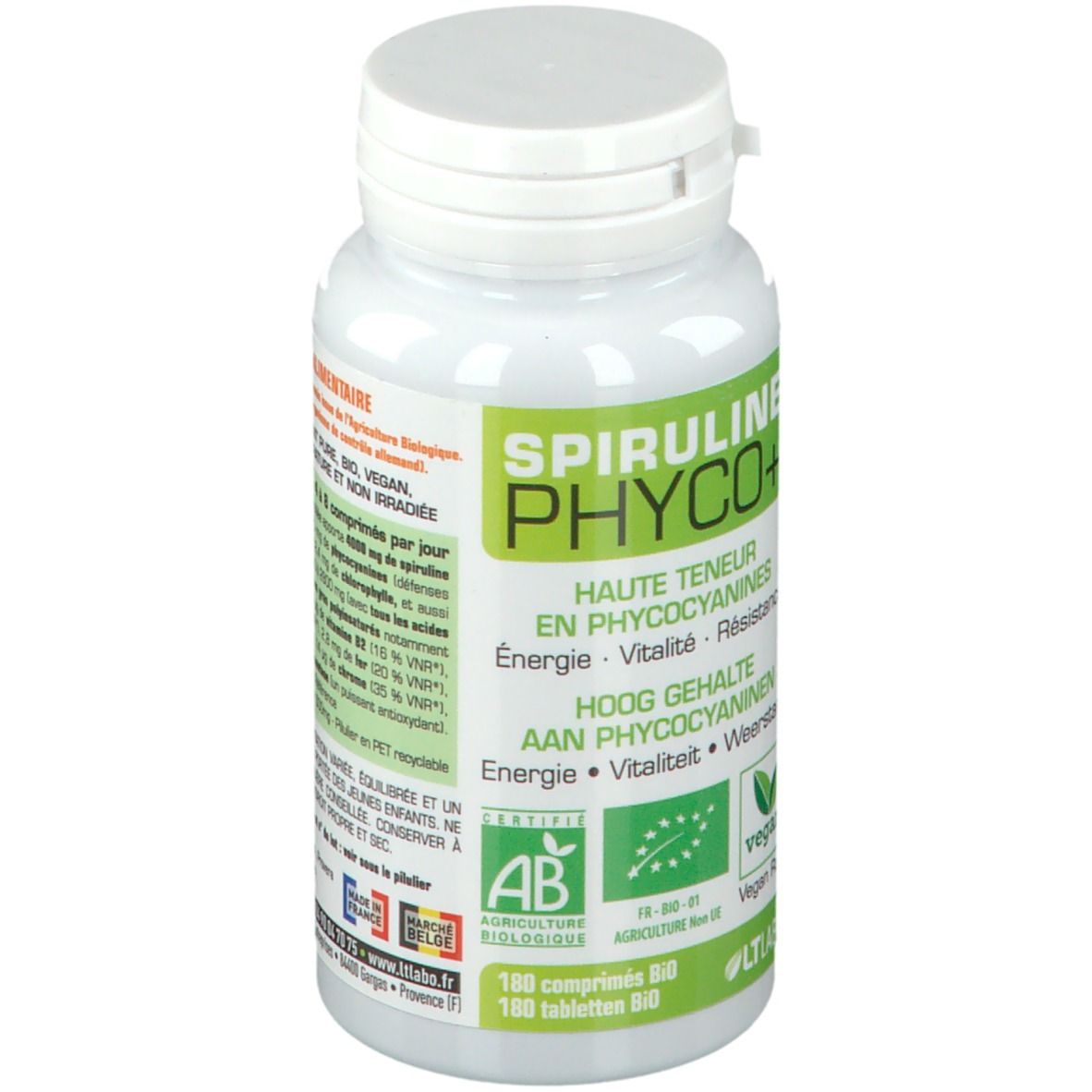 Weiße Flasche mit grünem Etikett. Aufschrift: Spiruline Phyco+. Zertifizierungen: AB, EU-Bio, Vegan. 100 Tabletten.