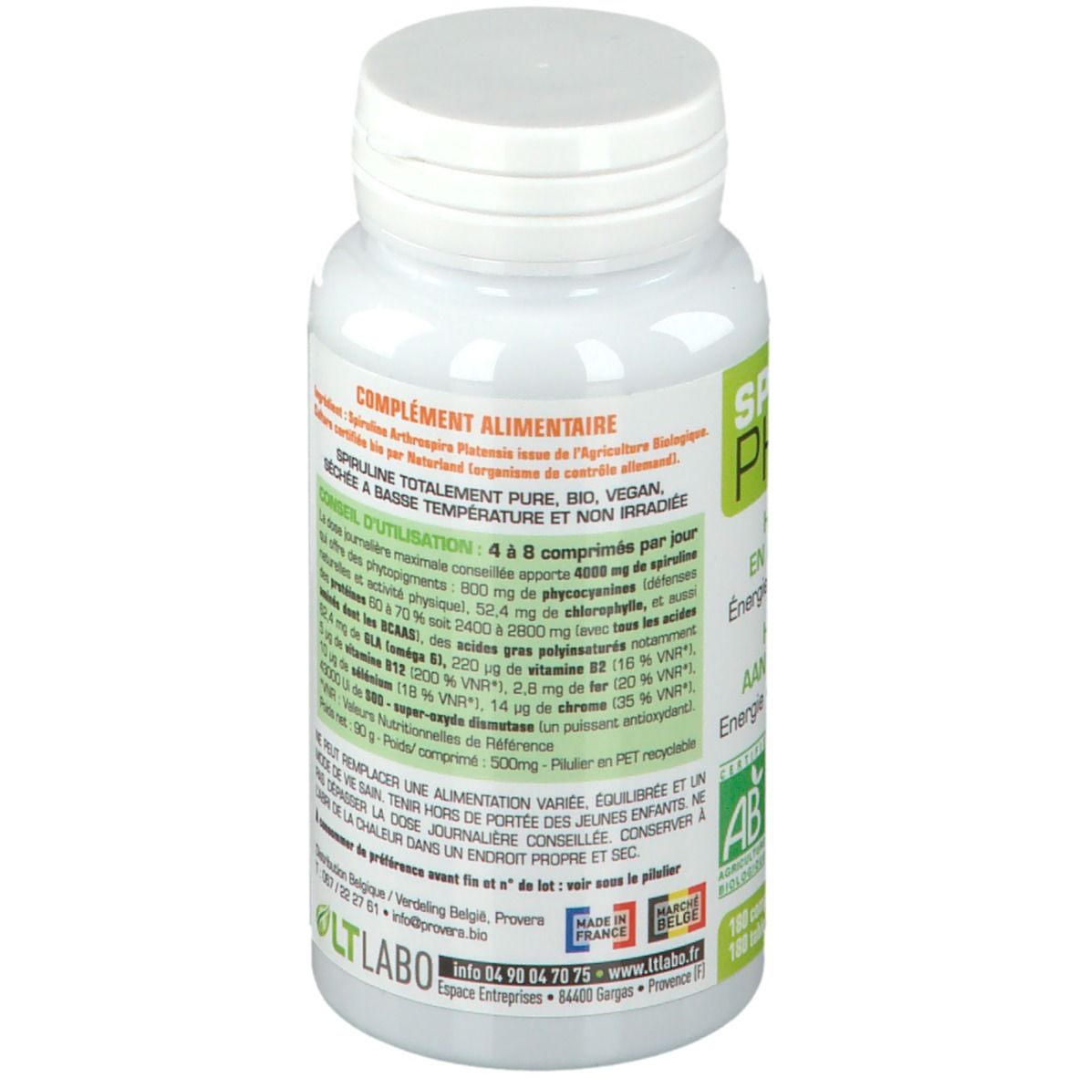 Rückseite der weißen Flasche. Text: Nahrungsergänzungsmittel. Gebrauchsanweisung. Vegan-Logo. Herstellerinformationen.