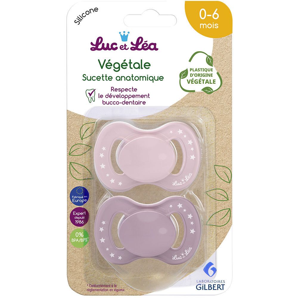 Verpakking met 2 fopspenen, roze en paars, met sterren. "Luc et Léa" en "Végétale".