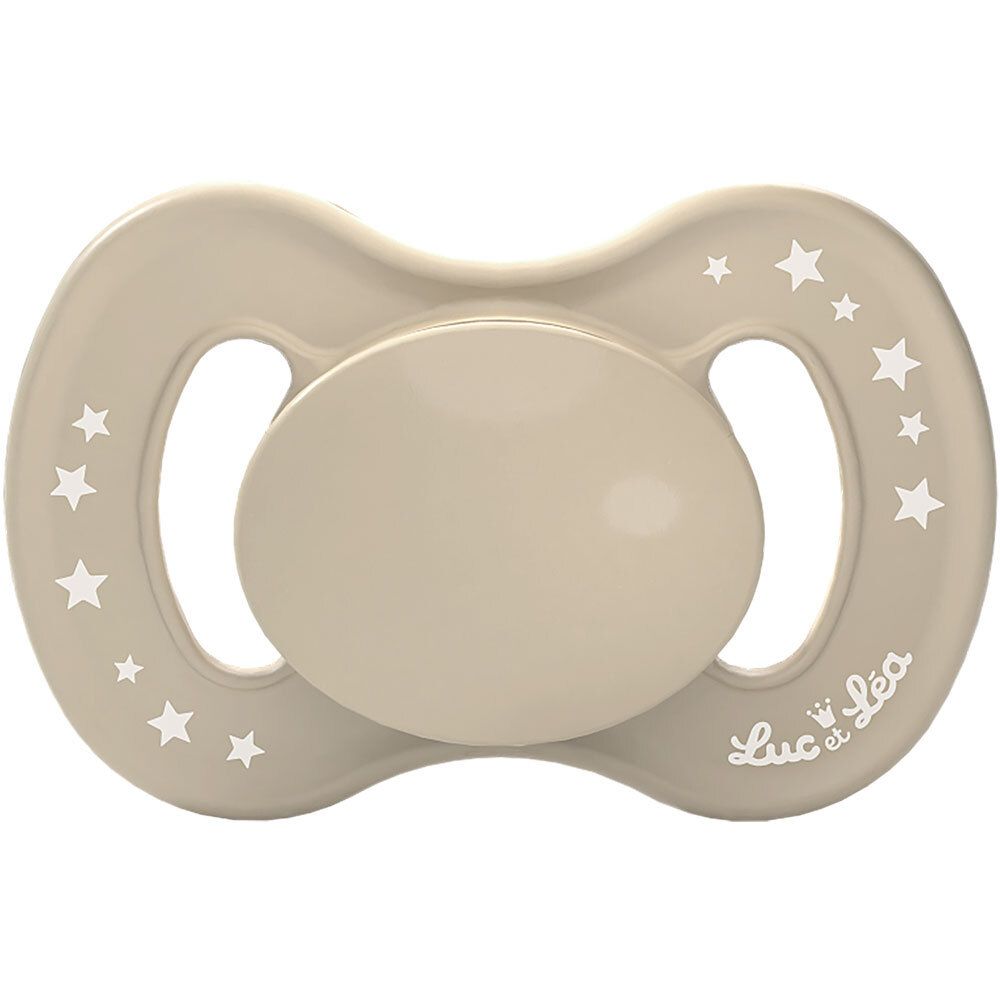 Beige Schnuller mit Sternenmuster und der Aufschrift "Luc et Léa".