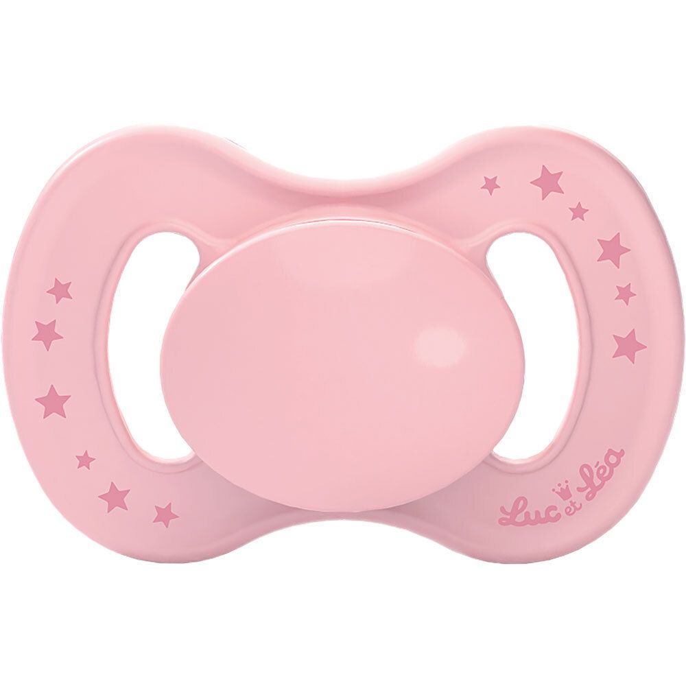 Roze fopspeen met sterrenpatroon en logo. Anatomisch gevormd.
