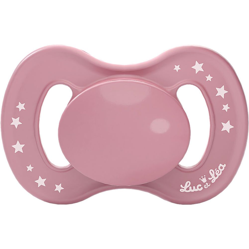 Roze fopspeen met sterrenpatroon en logo. Anatomisch gevormd.