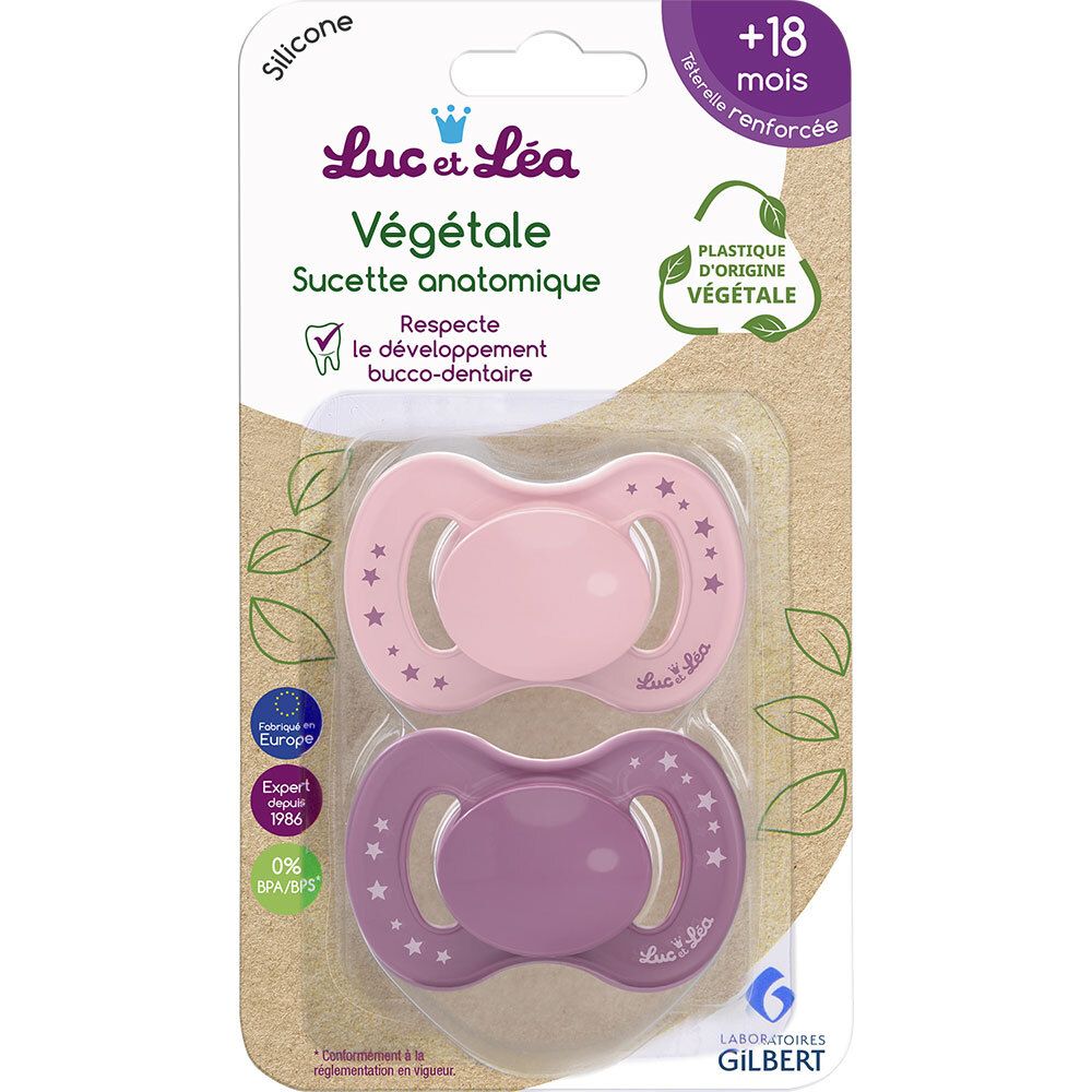 Deux sucettes en emballage. Roses et violettes. Marque : Luc et Léa. Motifs étoiles. Anatomique.