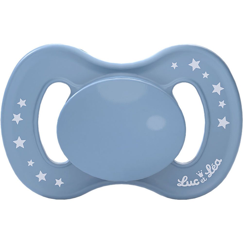 Blauwe fopspeen met sterrenpatroon en opschrift "Luc et Léa".