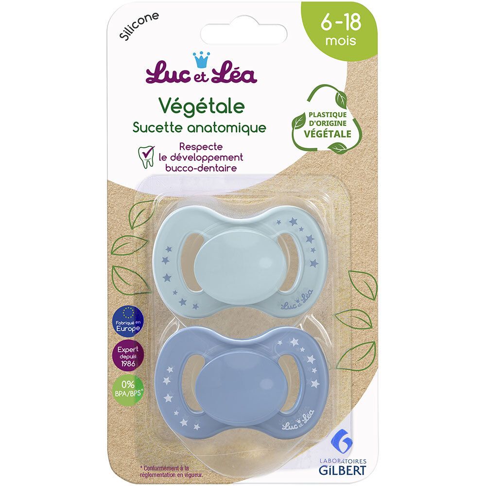 Verpakking met twee fopspenen. Opschrift "Luc et Léa Végétale". Aanbevolen leeftijd: 6-18 maanden.