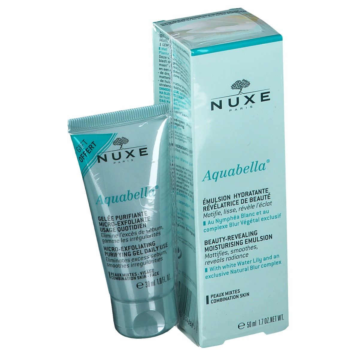 NUXE Aquabella Emulsie en verpakking. Tube en doos in turquoise. Opschrift: Aquabella, NUXE Paris. Product voor de gemengde huid.