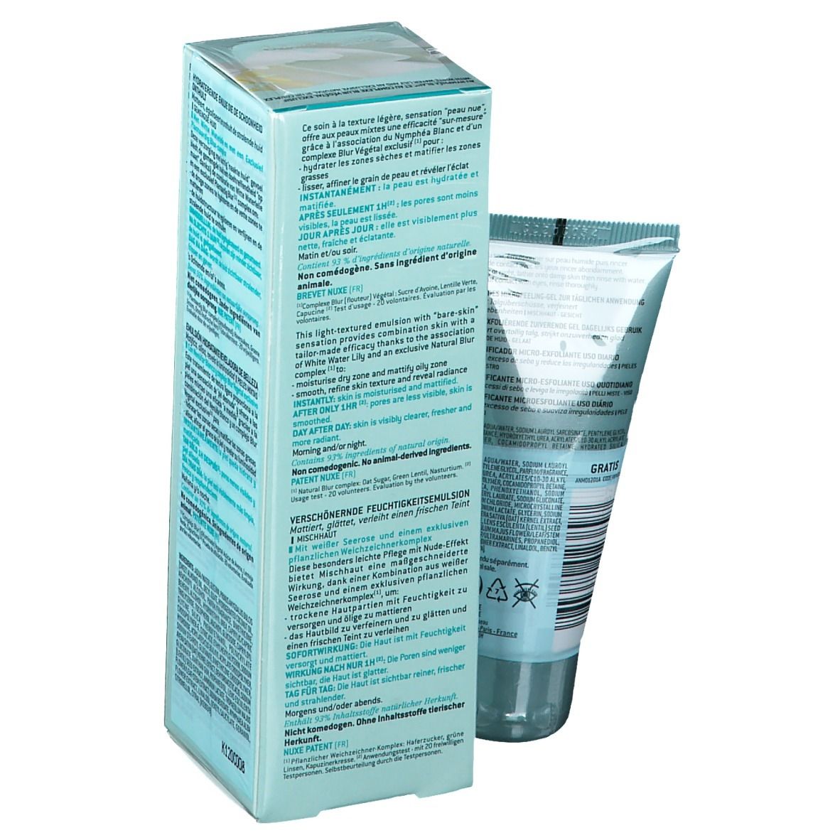 NUXE Aquabella verpakking en tube. Tekst in meerdere talen. Productinformatie. Turquoise en witte kleuren. Tube gedeeltelijk zichtbaar.