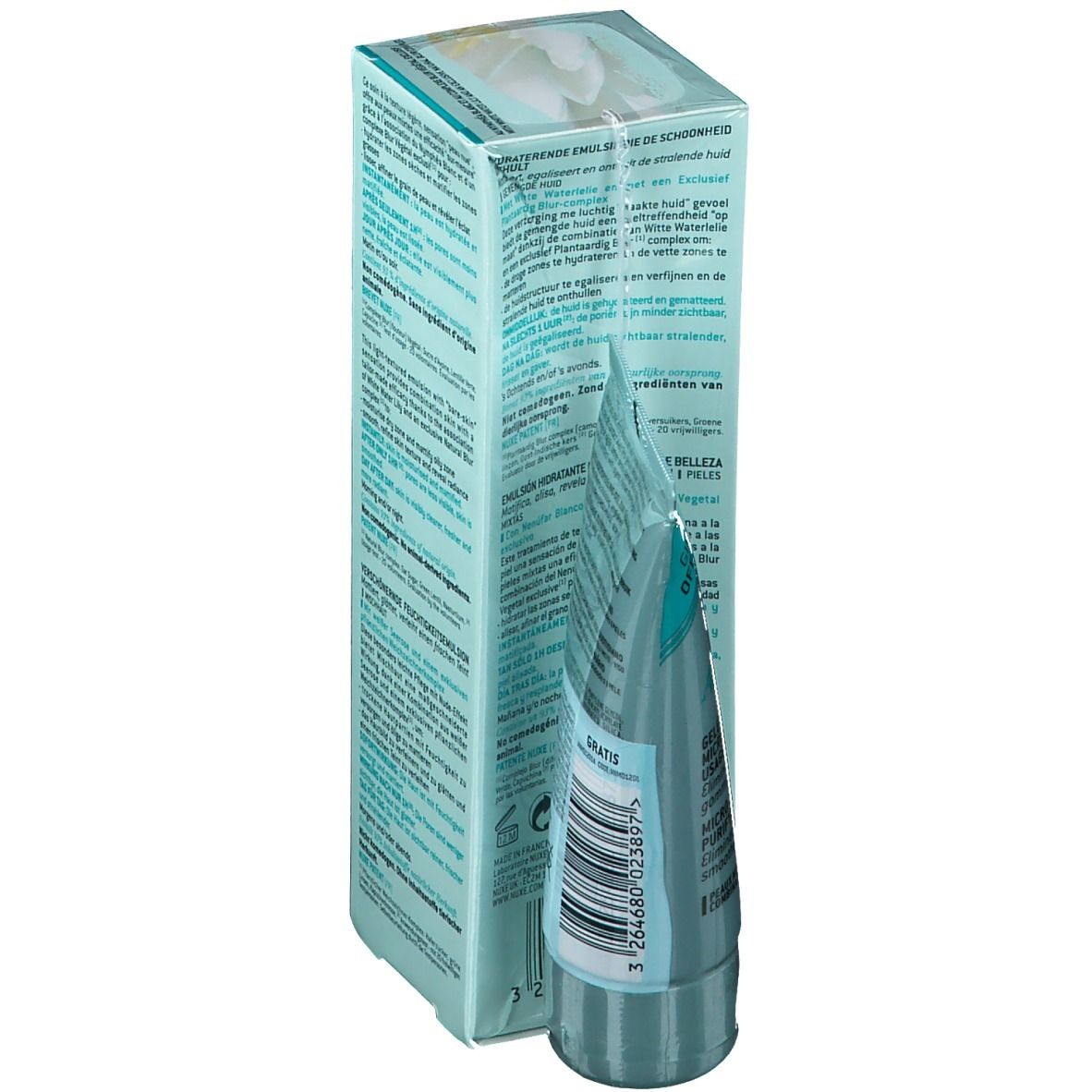 NUXE Aquabella tube en verpakking. Barcode op de tube. Turquoise en witte kleuren. Productinformatie. Gedeeltelijk zichtbaar.