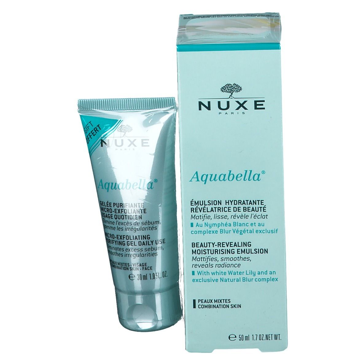 NUXE Aquabella Emulsie en verpakking. Tube en doos in turquoise. Opschrift: Aquabella, NUXE Paris. Product voor de gemengde huid.
