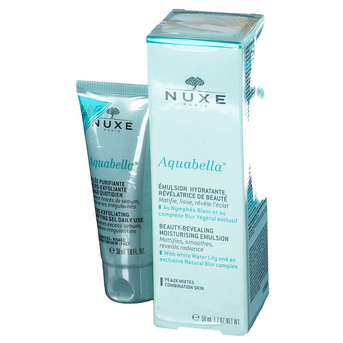 NUXE Aquabella Emulsie en verpakking. Tube en doos in turquoise. Opschrift: Aquabella, NUXE Paris. Product voor de gemengde huid.