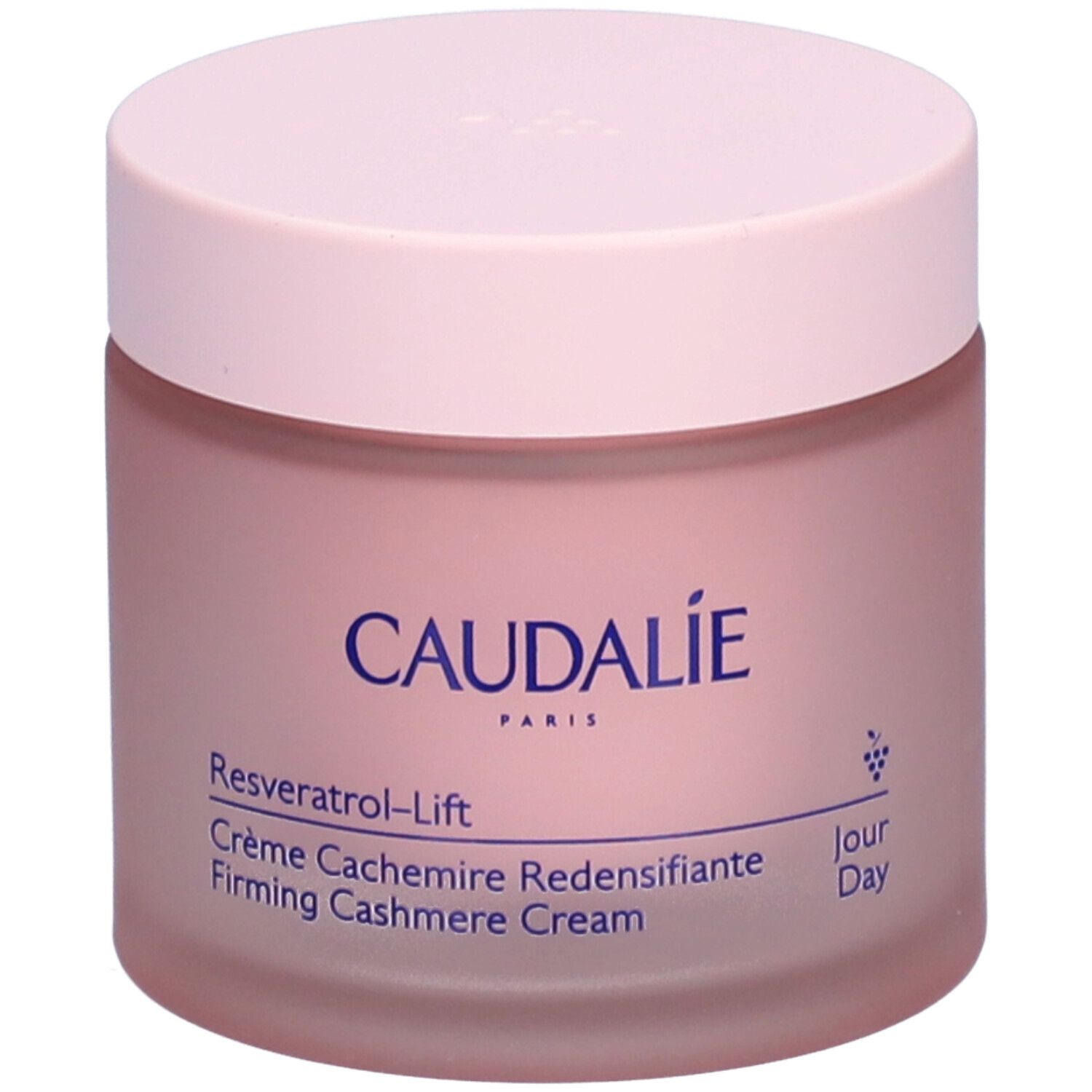 Pot de crème rose avec couvercle. Inscription CAUDALIE, Resveratrol-Lift, Crème Cachemire Redensifiante, Firming Cashmere Cream.