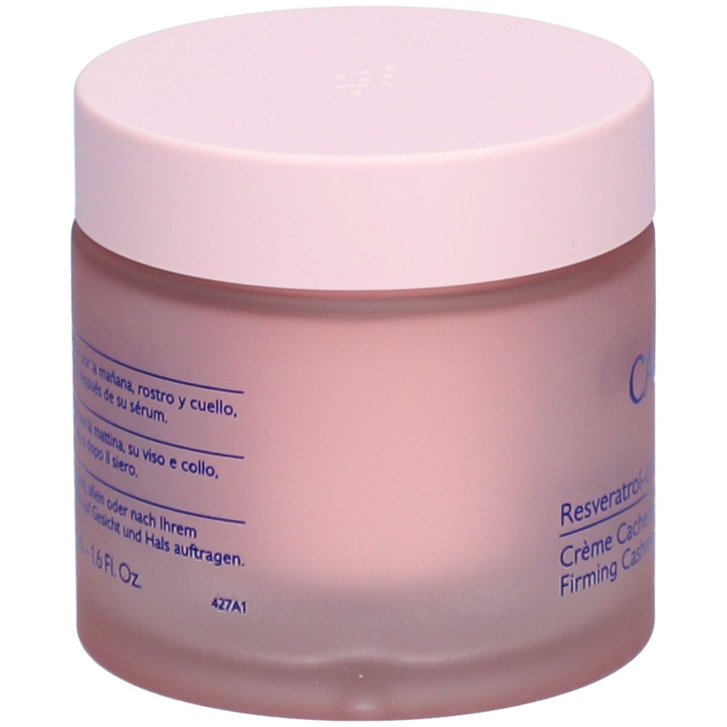 Pot de crème rose avec couvercle. Inscription CAUDALIE, Resveratrol-Lift, Crème Cachemire Redensifiante, Firming Cashmere Cream.