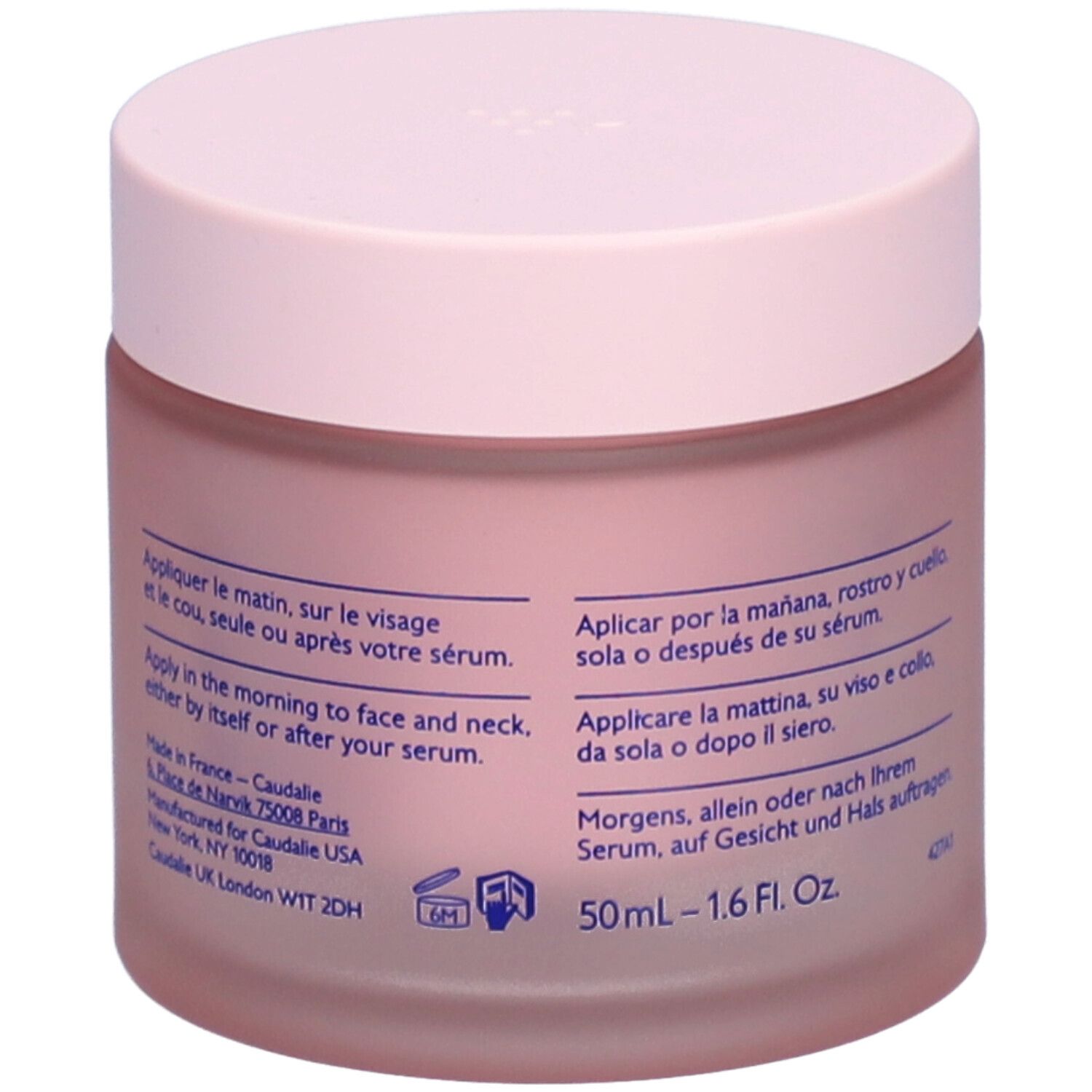 Pot de crème rose avec couvercle. Inscription CAUDALIE, Resveratrol-Lift, Crème Cachemire Redensifiante, Firming Cashmere Cream.