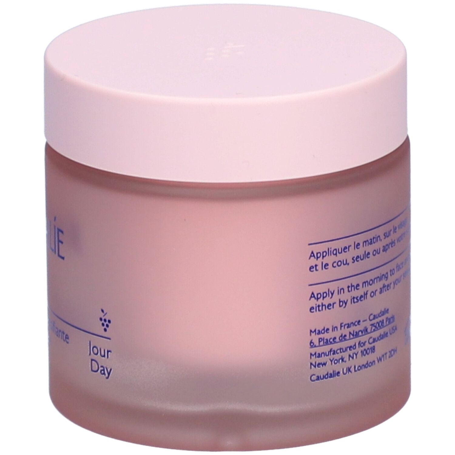 Pot de crème rose avec couvercle. Inscription CAUDALIE, Resveratrol-Lift, Crème Cachemire Redensifiante, Firming Cashmere Cream.