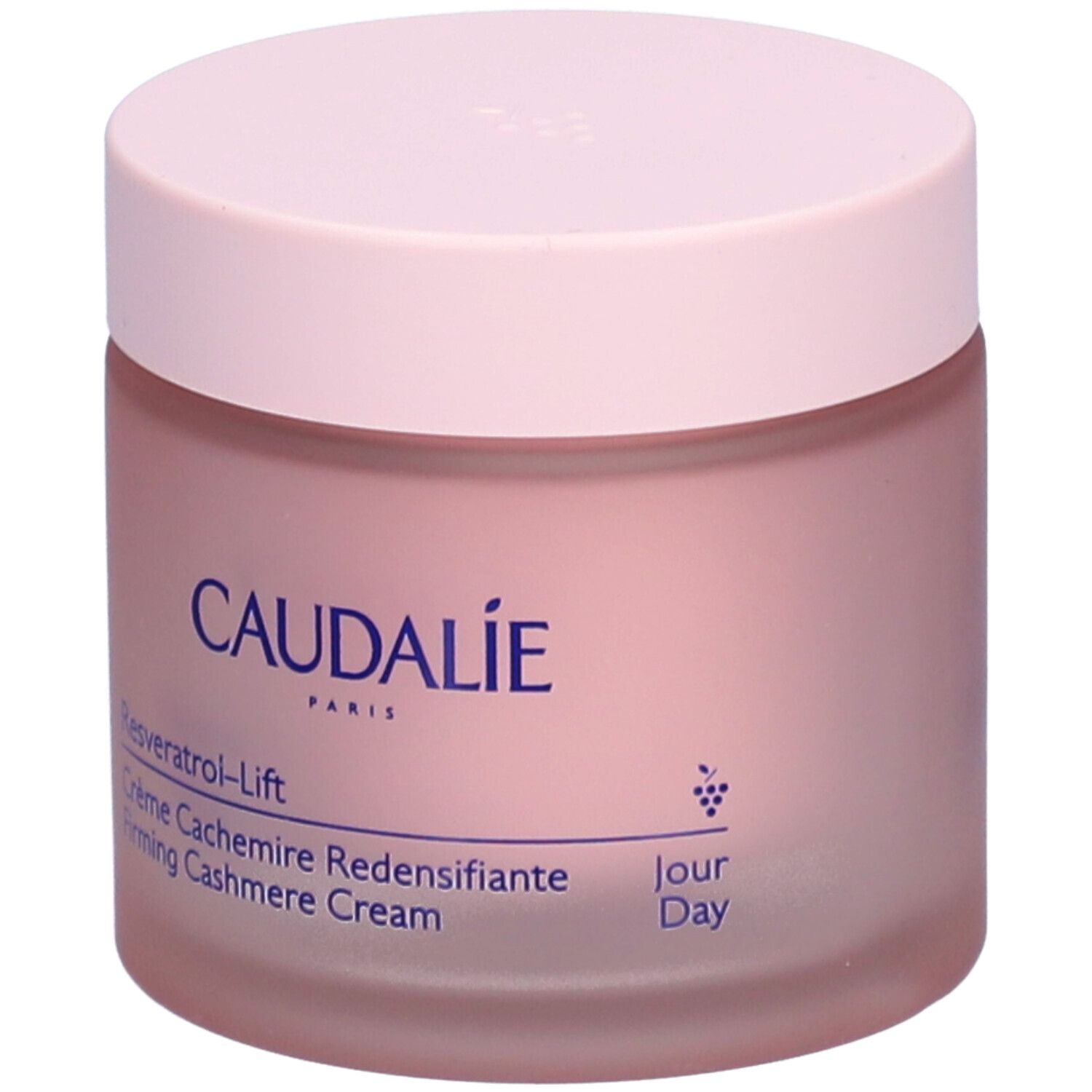 Pot de crème rose avec couvercle. Inscription CAUDALIE, Resveratrol-Lift, Crème Cachemire Redensifiante, Firming Cashmere Cream.