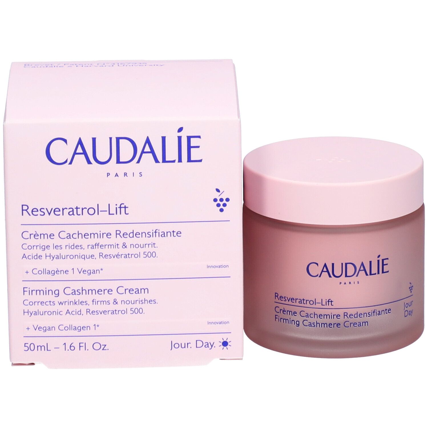 Pot de crème rose et boîte. Inscription CAUDALIE, Resveratrol-Lift, Crème Cachemire Redensifiante, Firming Cashmere Cream.