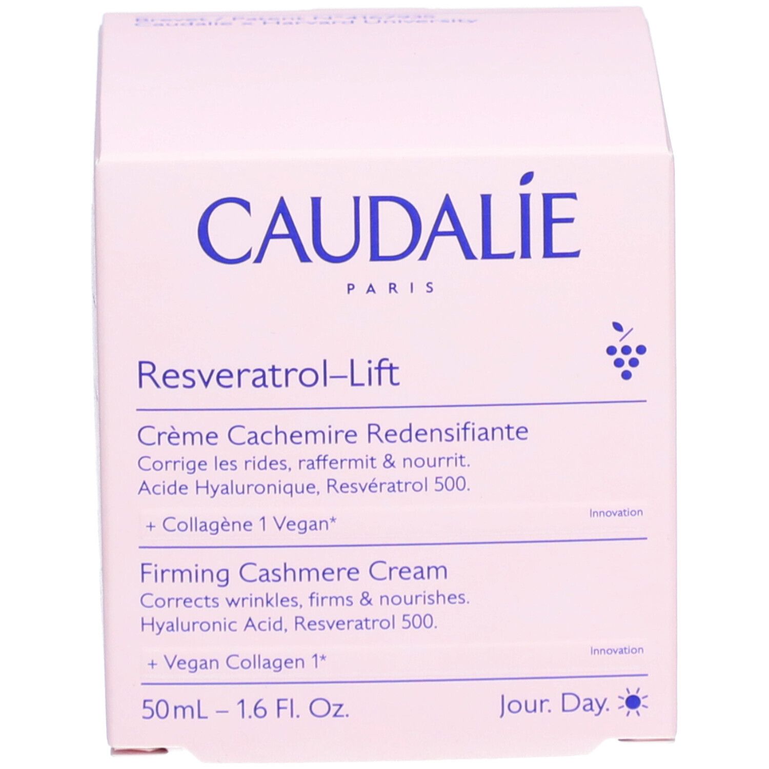 Boîte rose. Inscription CAUDALIE, Resveratrol-Lift, Crème Cachemire Redensifiante, Firming Cashmere Cream.