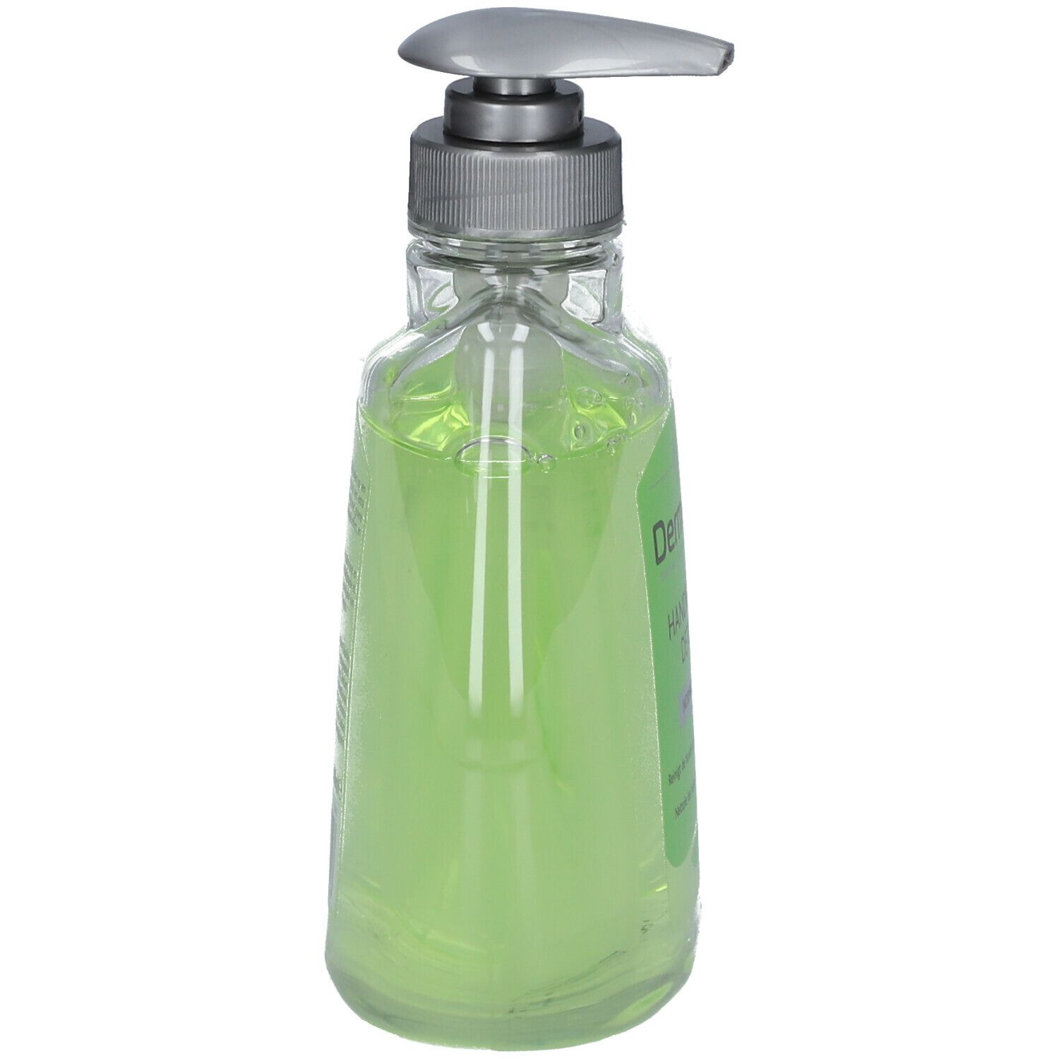 Dermalex Handwash Detox. Flacon avec liquide verdâtre. Tête de pompe grise. Vue latérale.