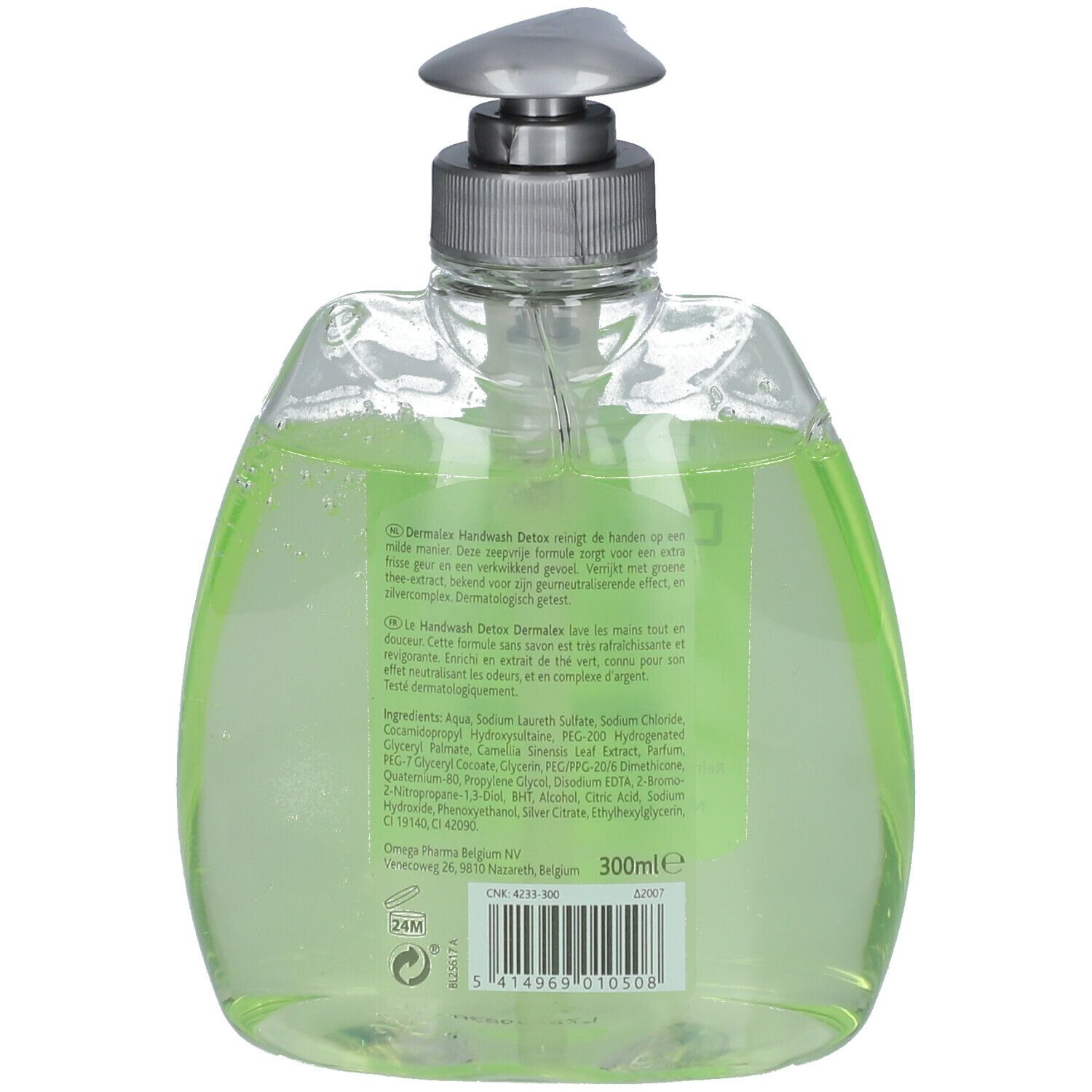 Dos du flacon Dermalex Handwash Detox. Étiquette avec ingrédients et informations fabricant. Liquide vert visible.