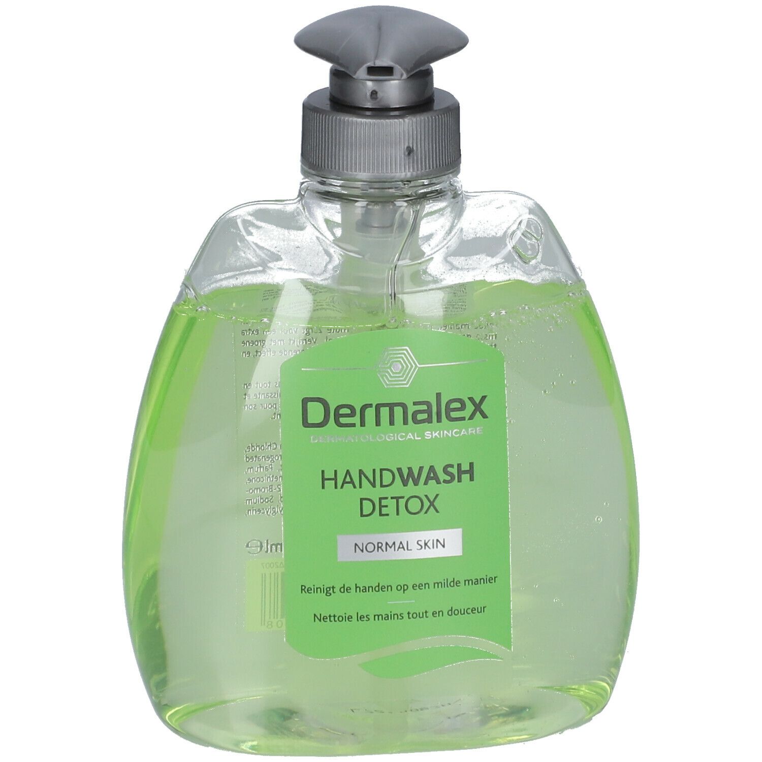 Dermalex Handwash Detox. Flacon avec liquide verdâtre et pompe. Étiquette avec nom du produit et indication pour peau normale.
