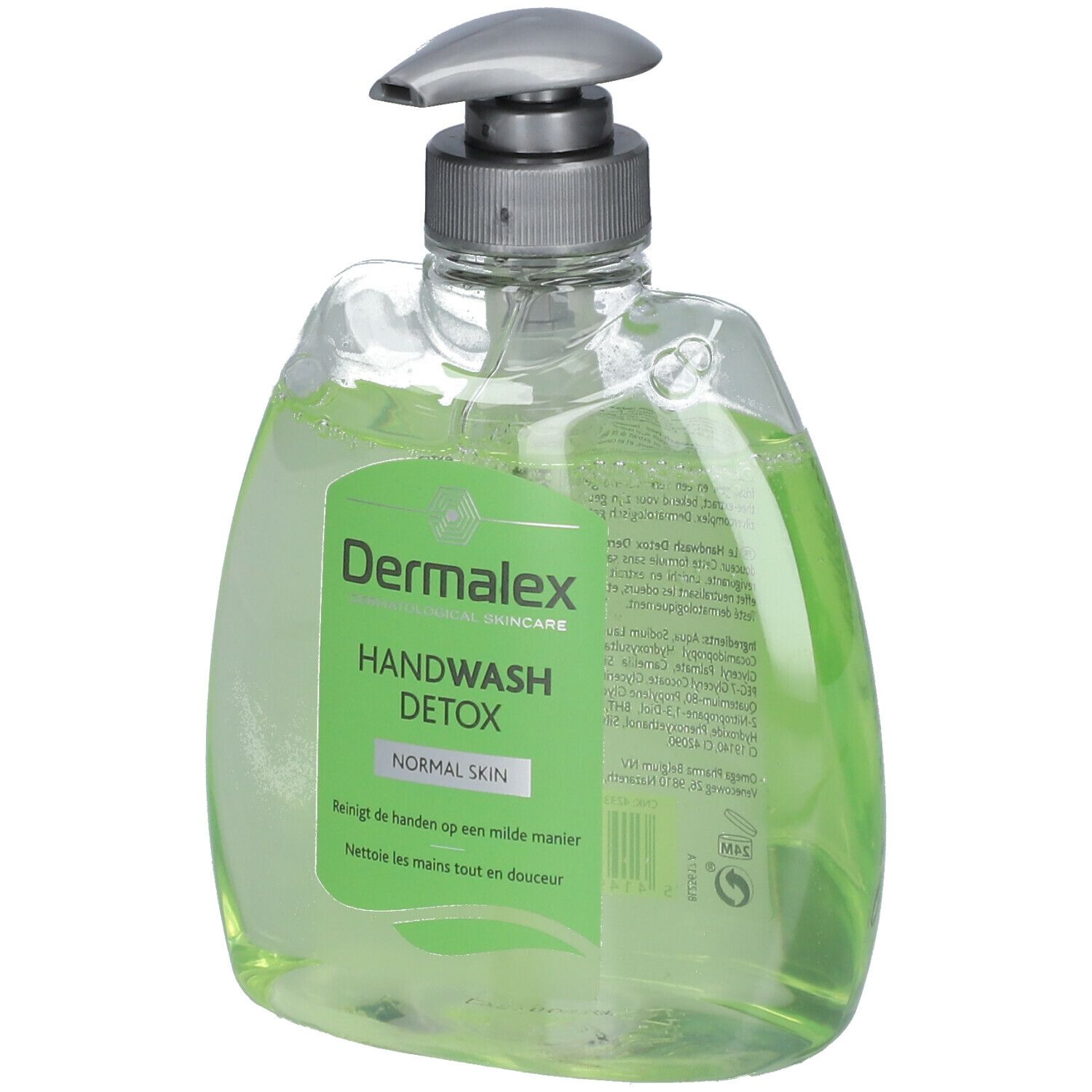 Dermalex Handwash Detox. Flacon avec liquide verdâtre et pompe. Étiquette avec nom du produit et indication pour peau normale.