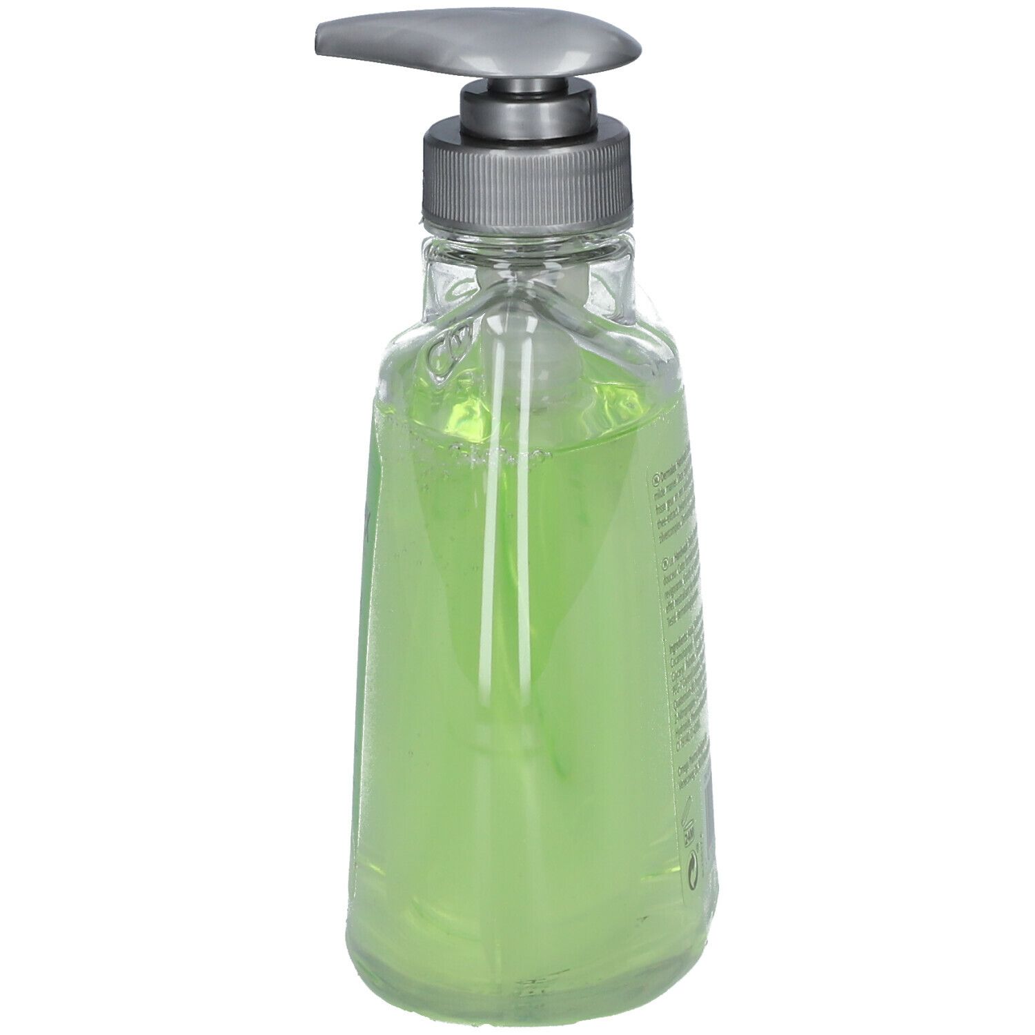 Dermalex Handwash Detox. Flacon avec liquide verdâtre. Tête de pompe grise. Vue latérale.