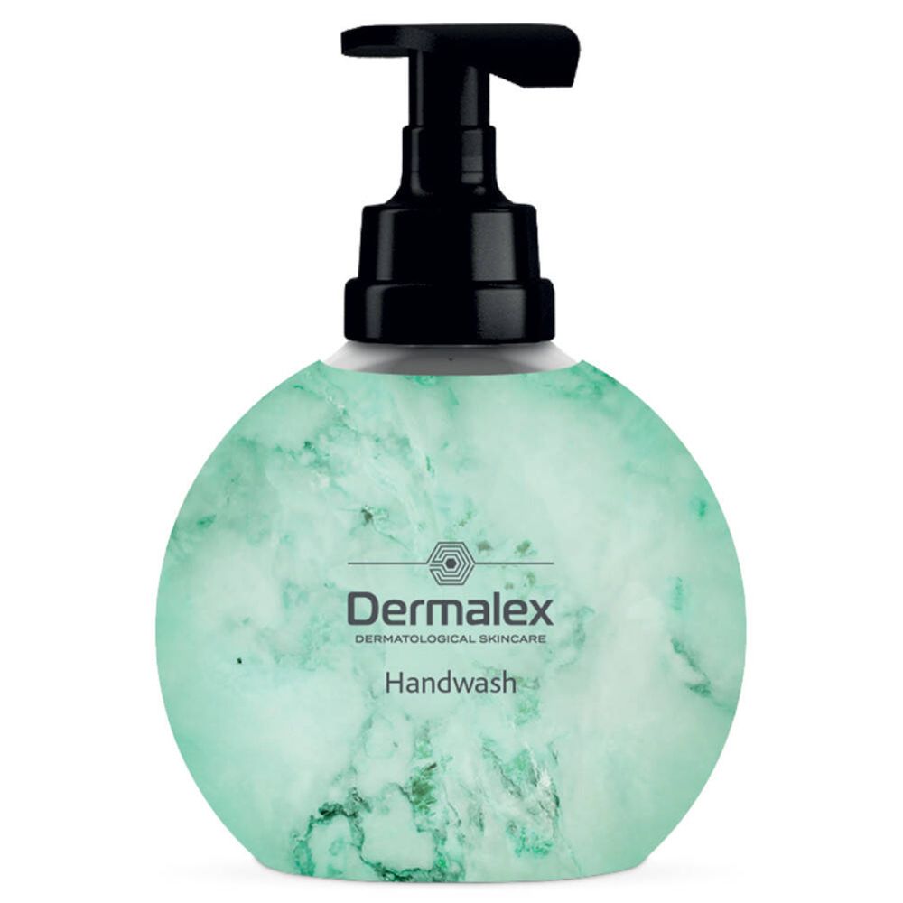 Ronde zeepfles met groen marmerpatroon en zwarte pomp. Opschrift: Dermalex Handwash.