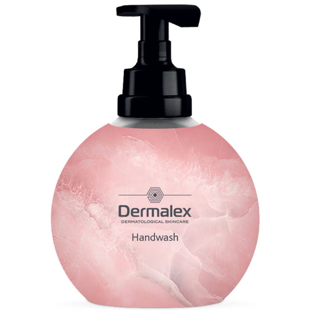 Savon pour les mains rose en forme de boule avec pompe noire. Inscription: Dermalex Handwash.