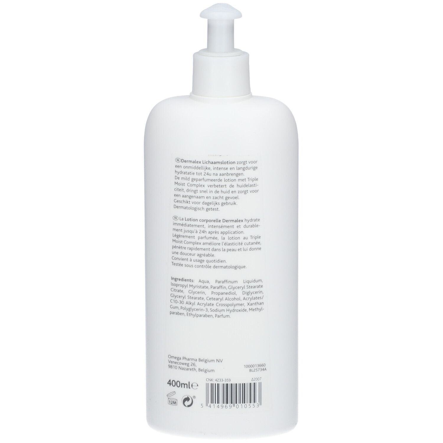 Achterkant van de witte fles. Tekst in meerdere talen, ingrediënten en fabrikantgegevens.