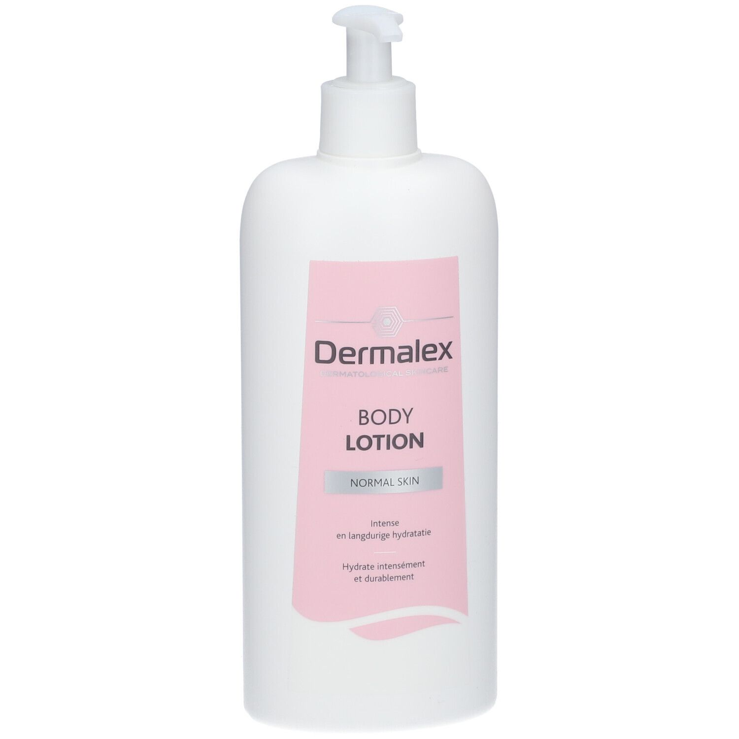 Witte fles met roze etiket. Opschrift: Dermalex Body Lotion. Voor normale huid.