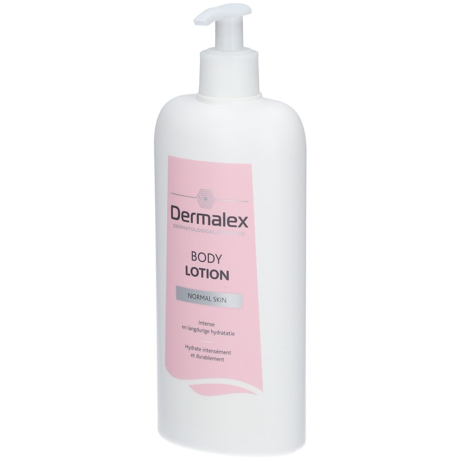 Witte fles met roze etiket. Opschrift: Dermalex Body Lotion. Voor normale huid.