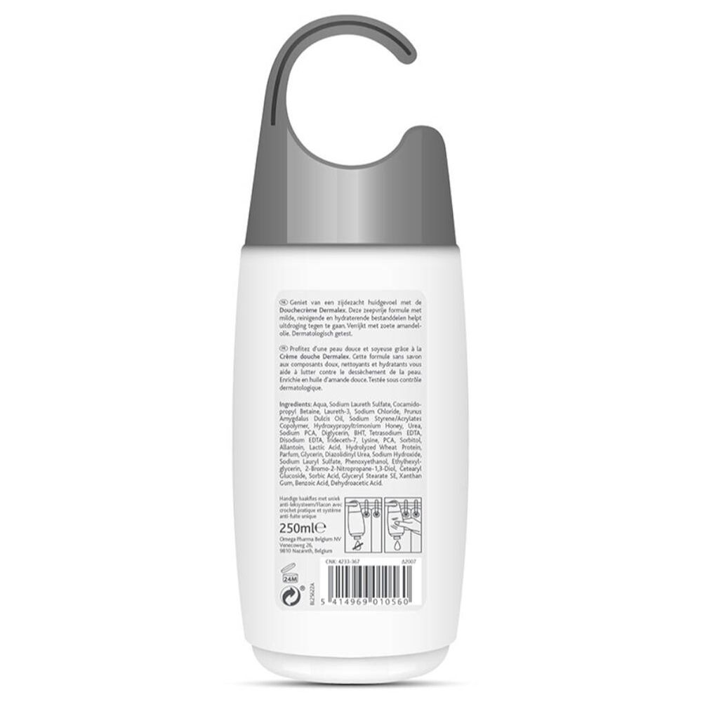 Achterkant van de fles. Tekst en ingrediënten. 250ml. Barcode. Recyclingsymbolen en gebruiksaanwijzing.