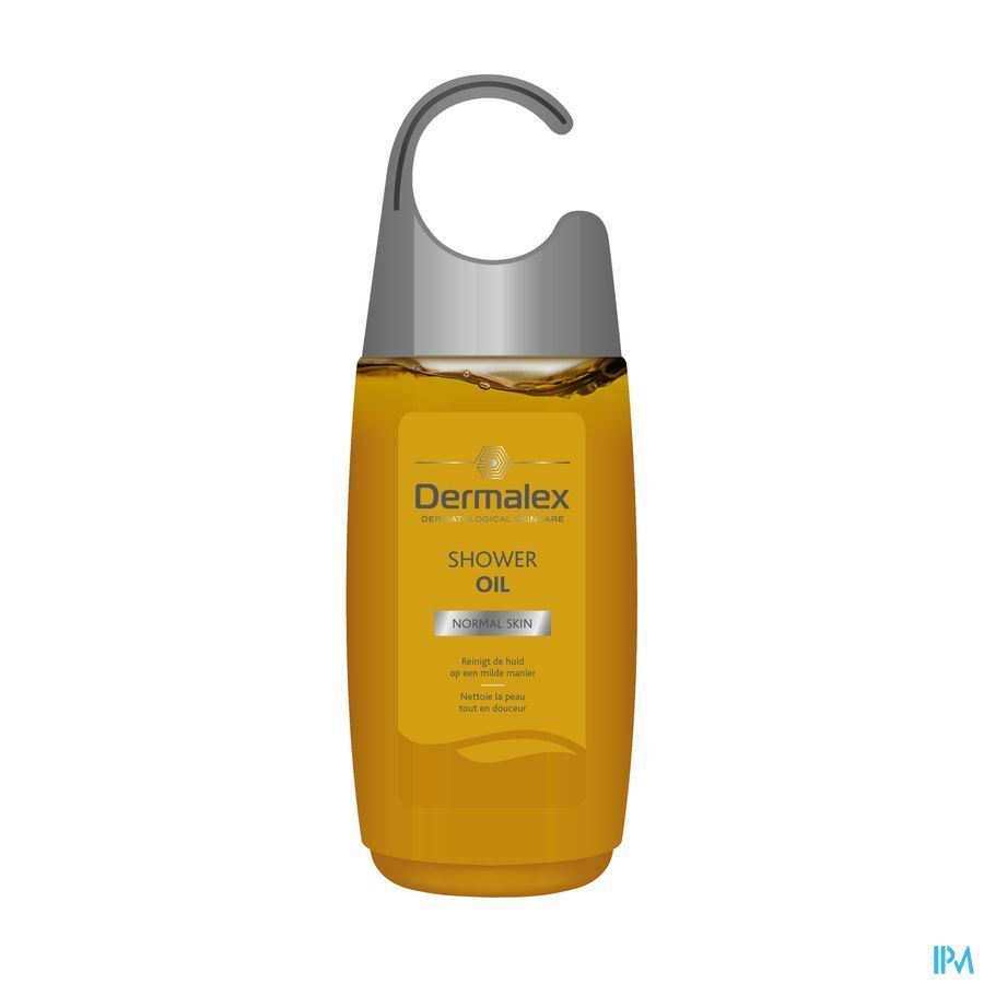 Douche-oliefles met zilveren dop en haak. Gele vloeistof, productnaam en 'Normal Skin' op het etiket.