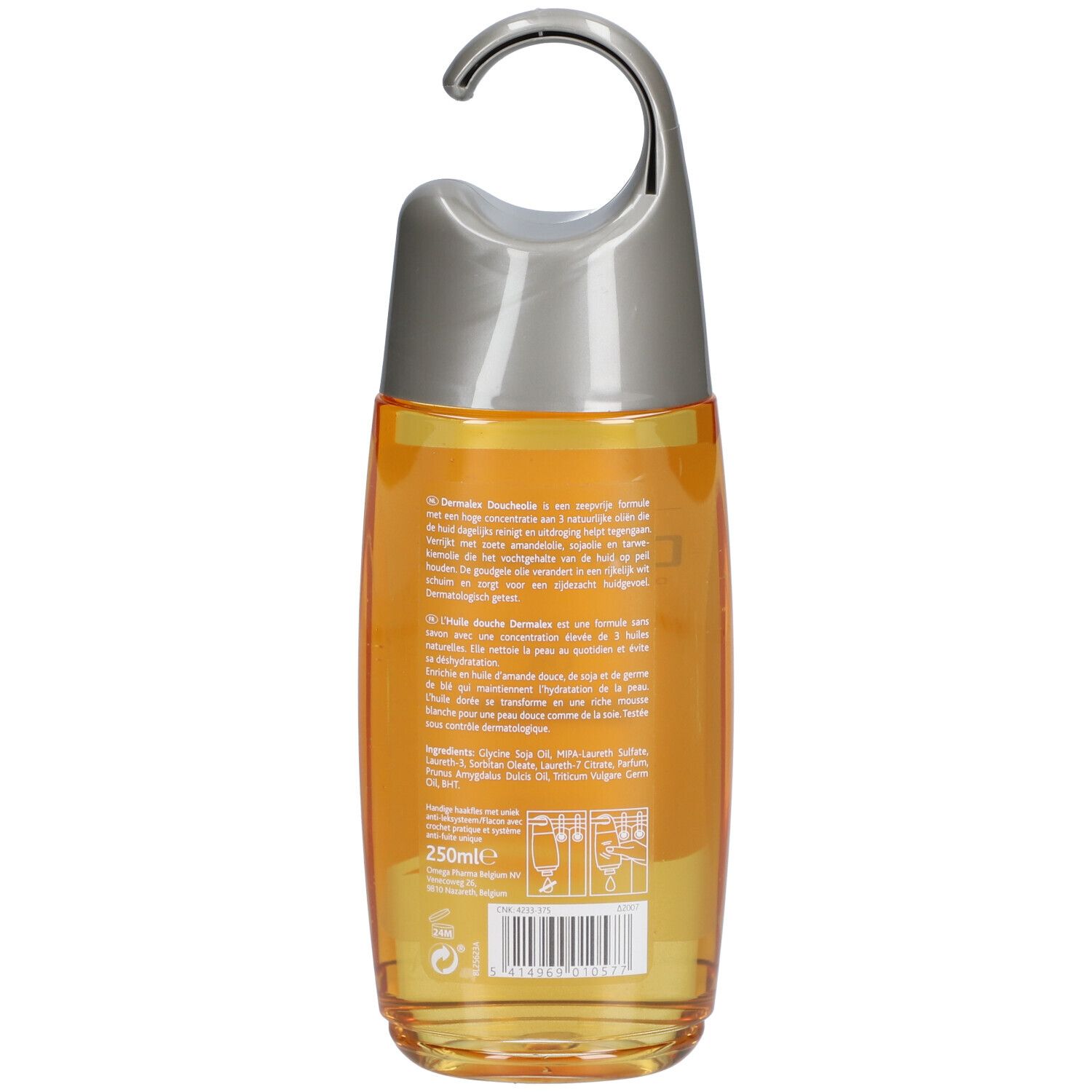 Achterkant van de douche-oliefles. Tekst in meerdere talen, barcode en ingrediënten. 250ml-aanduiding. Transparante fles.