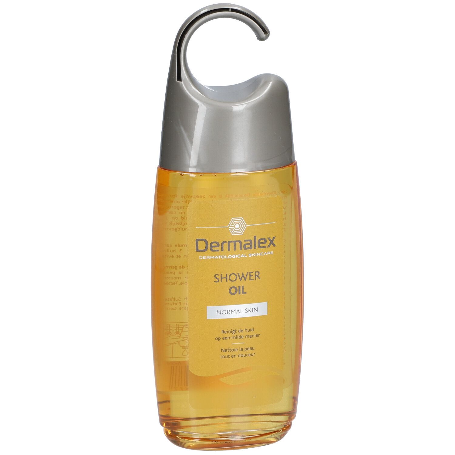 Douche-oliefles met zilveren dop en haak. Gele vloeistof, productnaam en 'Normal Skin' op het etiket.