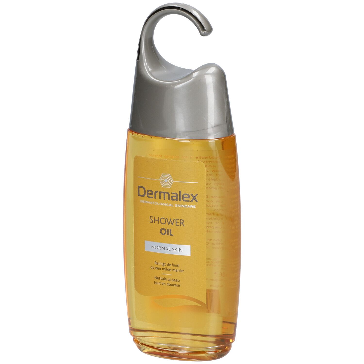 Douche-oliefles met zilveren dop en haak. Gele vloeistof, productnaam en 'Normal Skin' op het etiket.